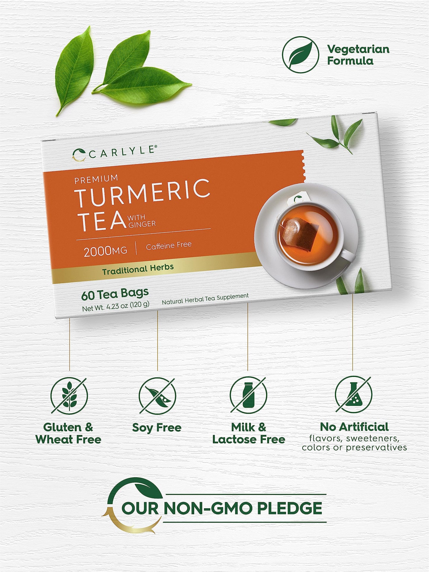 Carlyle Turmeric Ginger Tea Bags | 60 Count | Caffeine Free Herbal Blend | Non-GMO & Gluten Free Supplement