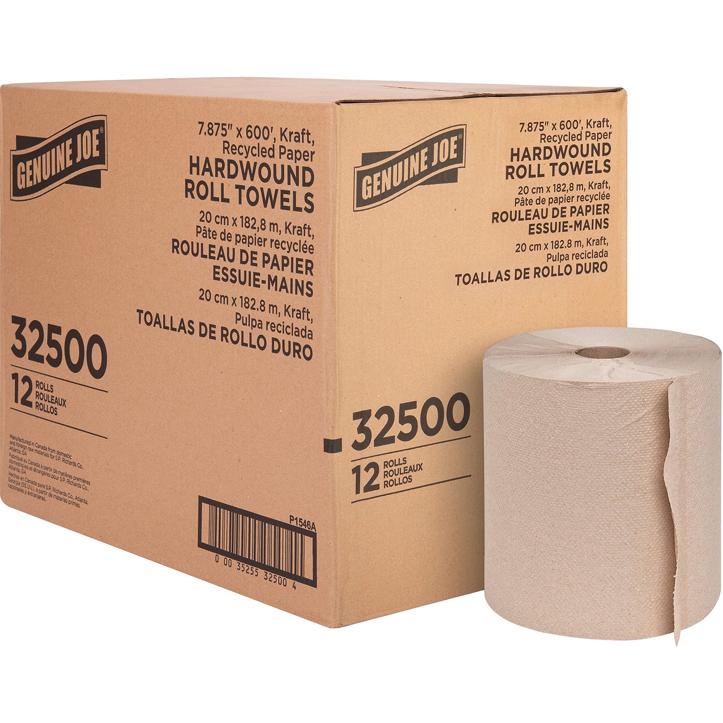 Genuine Joe Hardwound Roll Towels, Kraft, 7.9" x 600', 12 Count