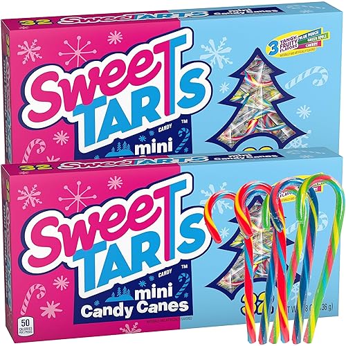 SweeTarts Mini Holiday Candy Canes, Holiday Candy, Christmas Stocking Stuffers for Kids, Individually Wrapped 32 Count Per Box (Pack of 2)