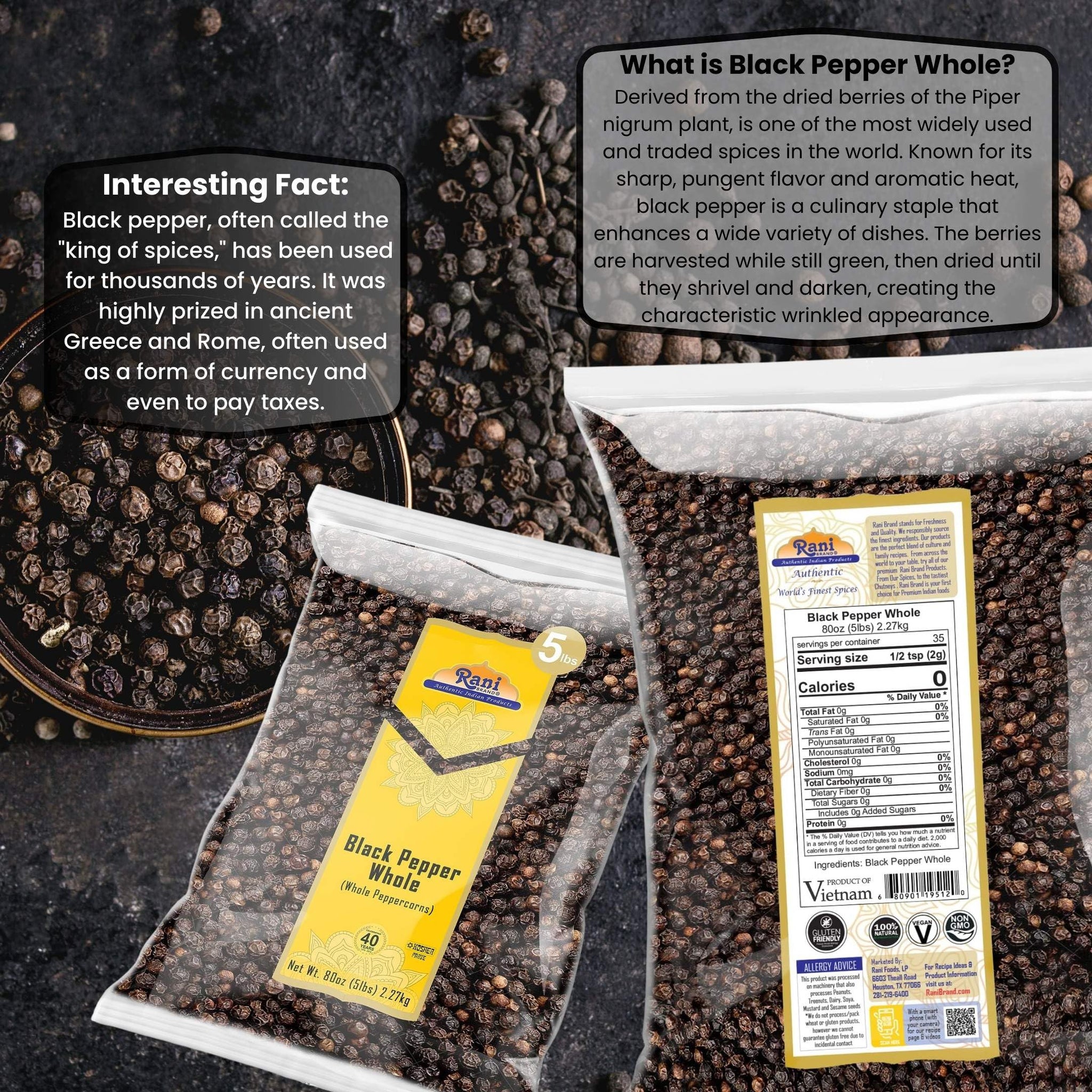 Rani Black Pepper Whole (Peppercorns), Premium MG-1 Grade 80oz (5lbs) 2.27kg Bulk ~ All Natural | Gluten Friendly | Non-GMO | Kosher | Product