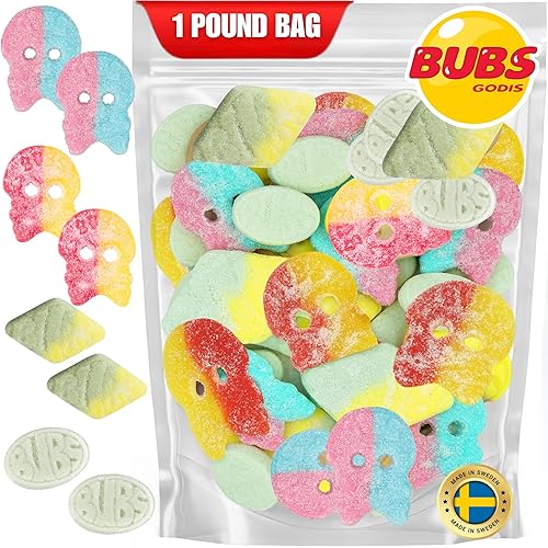Bubs Sour Jelly Candy Mix 1 Pound with Giant Sour Skulls, Dizzy Skulls, Tutti Frutti Rombs and Cool Fruity Pear Mini, Vegan, Gluten and Gelatin Free