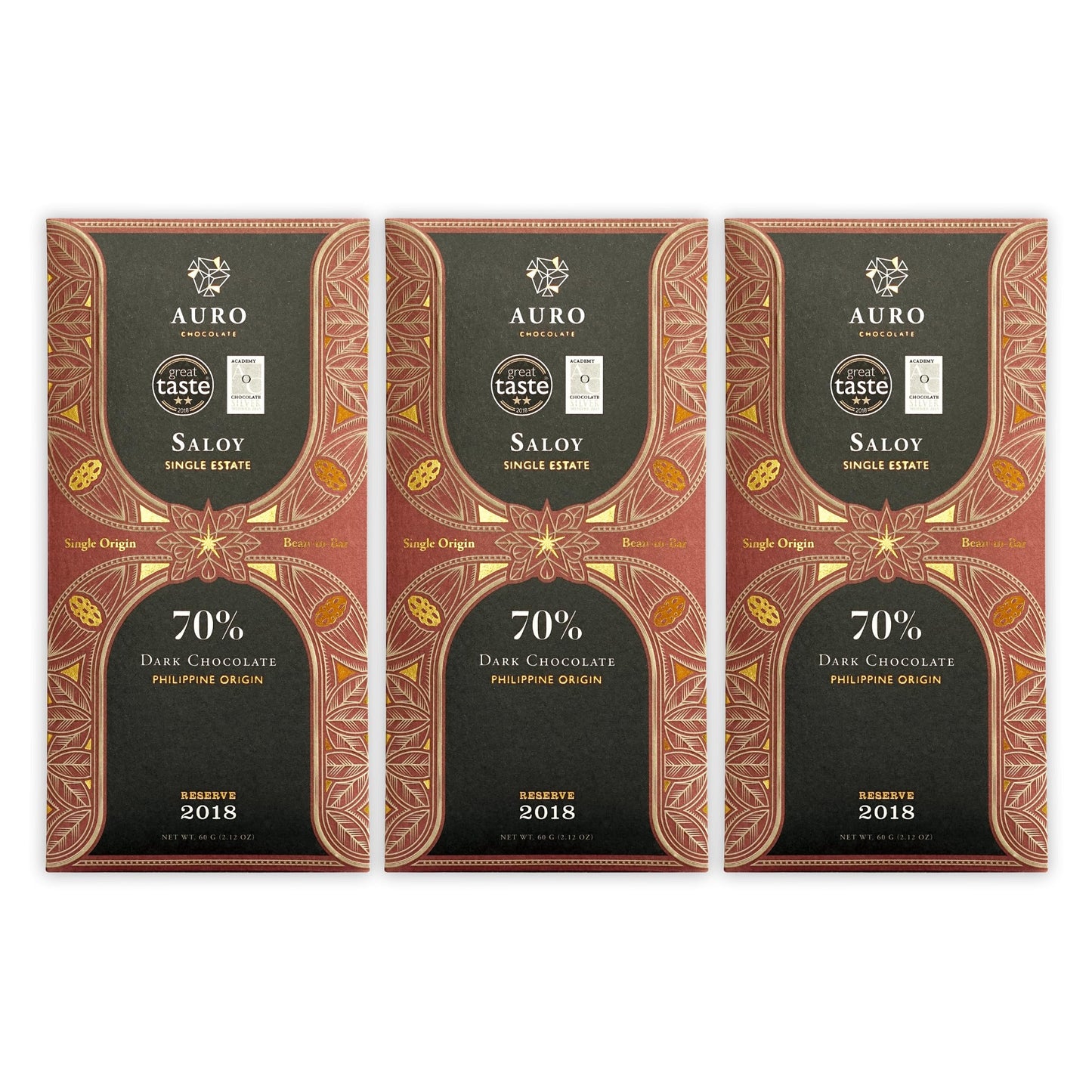 Auro Reserve Saloy 70% Dark Chocolate 3 Pack - Filipino Chocolate - Premium, Made At Origin, Direct Trade, Bean-to-Bar, Woman Owned, BIPOC Owned