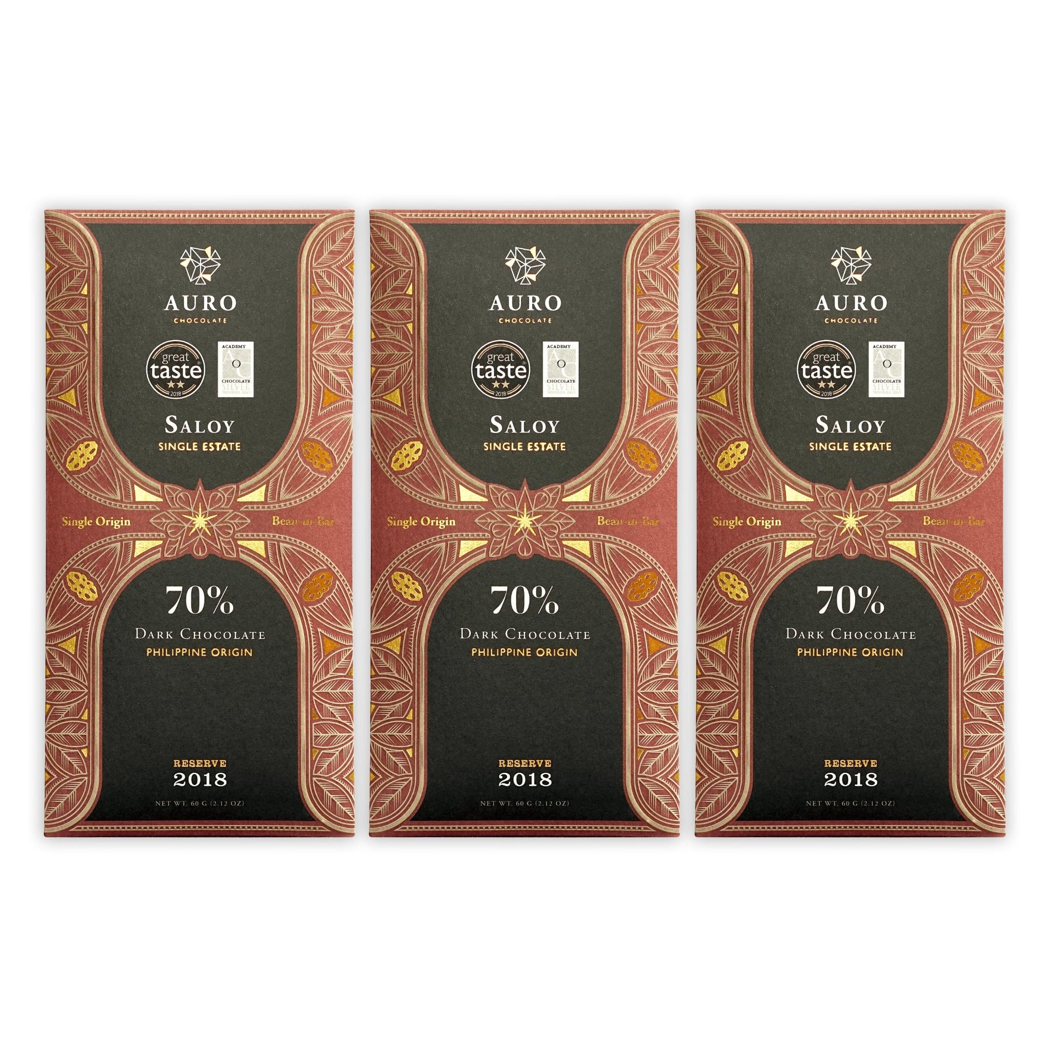 Auro Reserve Saloy 70% Dark Chocolate 3 Pack - Filipino Chocolate - Premium, Made At Origin, Direct Trade, Bean-to-Bar, Woman Owned, BIPOC Owned