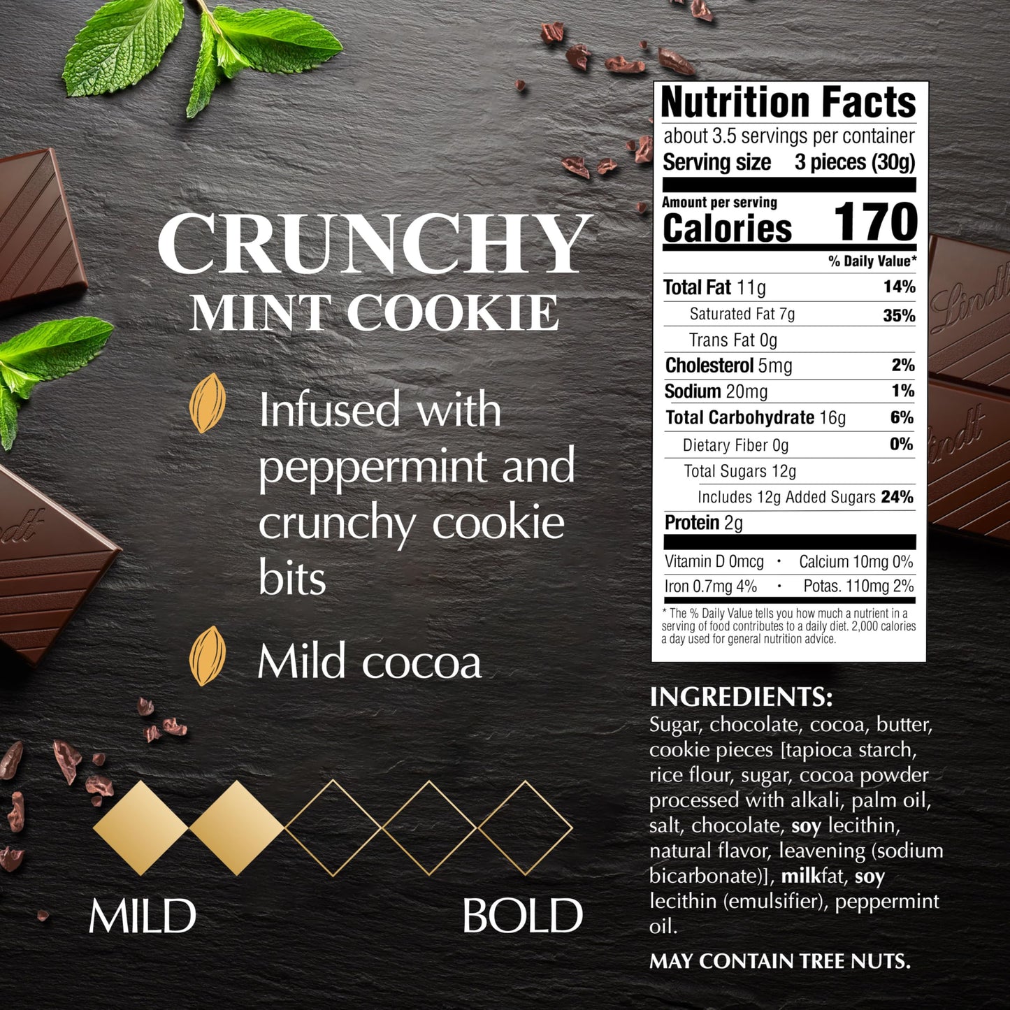 Lindt EXCELLENCE Crunchy Mint Cookie Dark Chocolate Candy Bar, Dark Chocolate with Mint Cookie Pieces, 3.5 oz. Bar