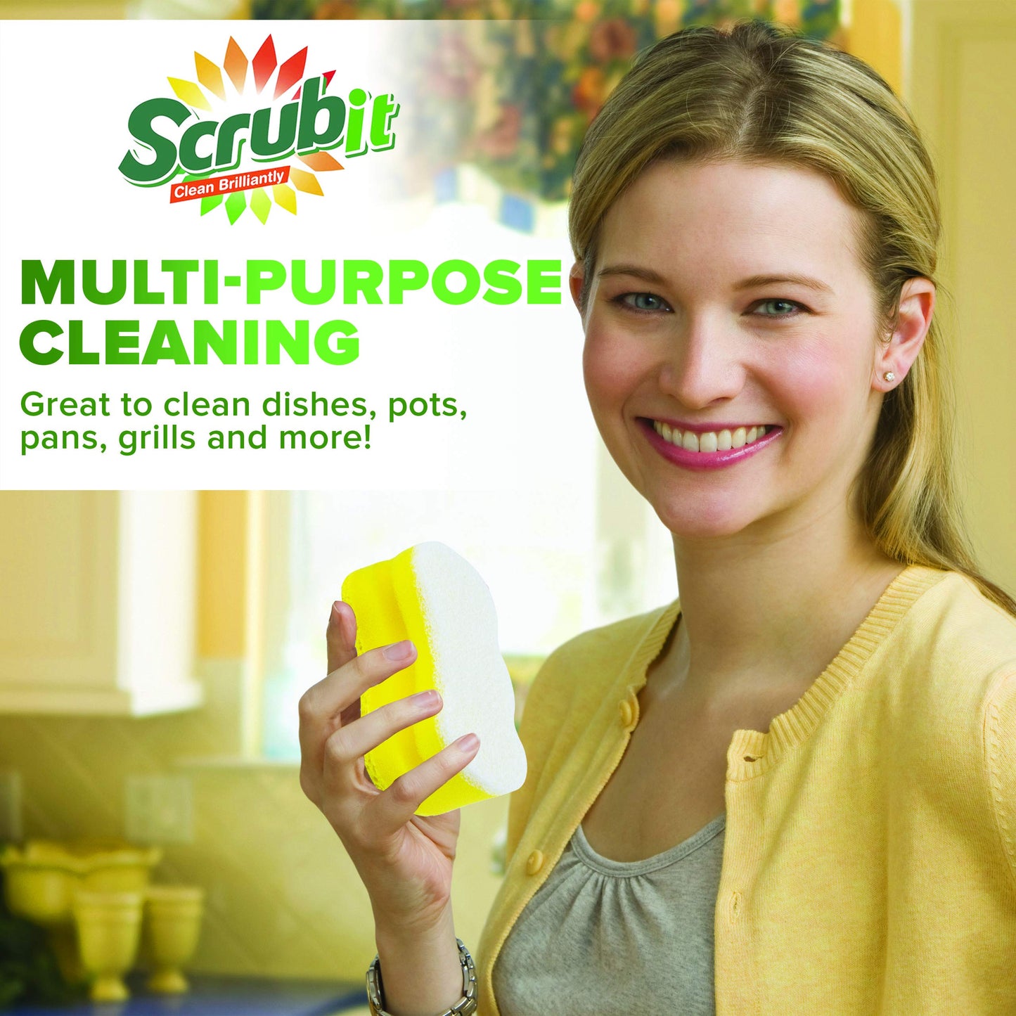 Scrub Sponge by Scrubit -Multipurpose Cellulose Cleaning Sponges with Non Scratch Scouring Pad for Dishes, Pots, Pans, Glass Cooktop - Super Absorbent