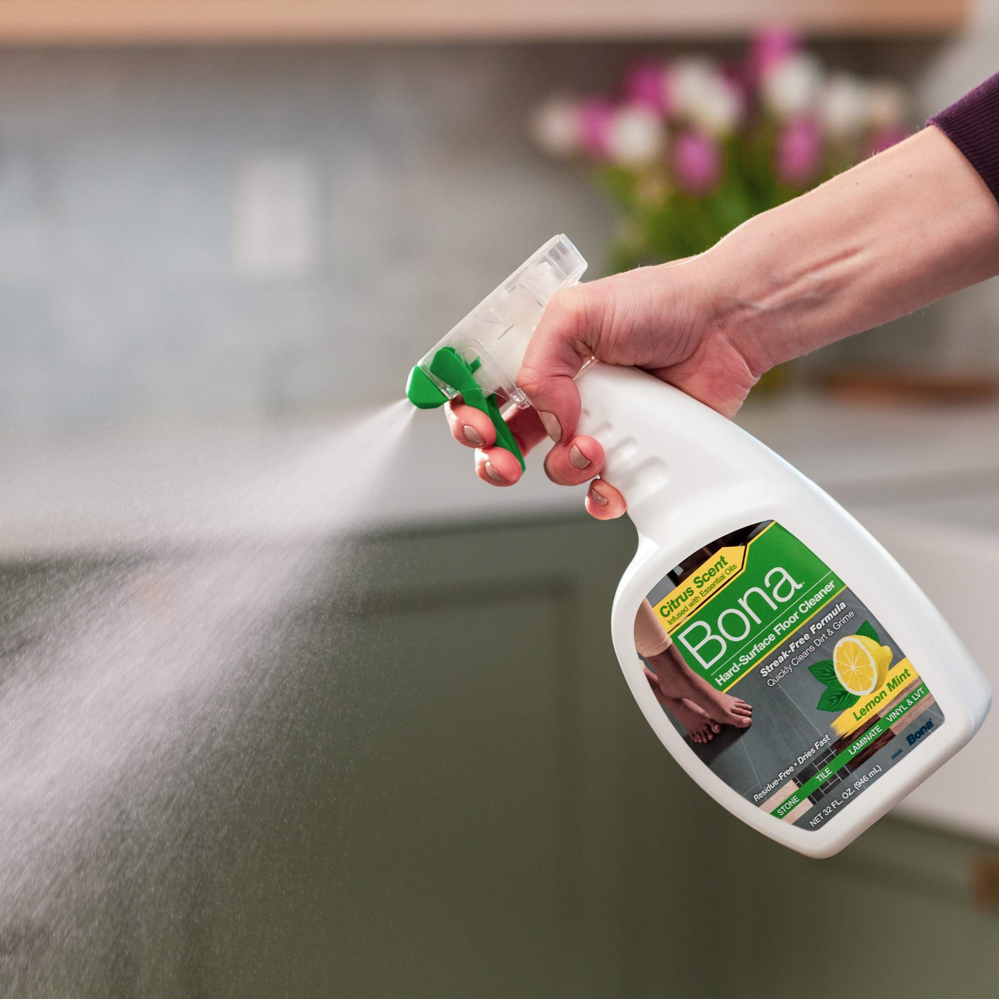 Bona Multi-Surface Floor Cleaner Spray, for Stone Tile Laminate and Vinyl LVT/LVP, Lemon Mint Scent, 36 Fl Oz