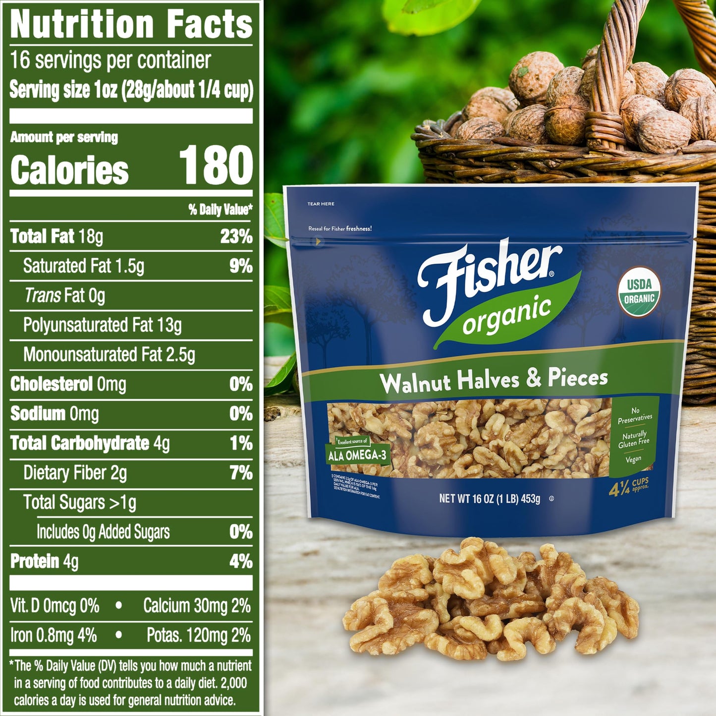 Fisher Organic Walnut Halves & Pieces 16 oz, USDA Certified Organic Nuts, Unsalted California Grown, Non-GMO, No Preservatives, Walnuts for Baking
