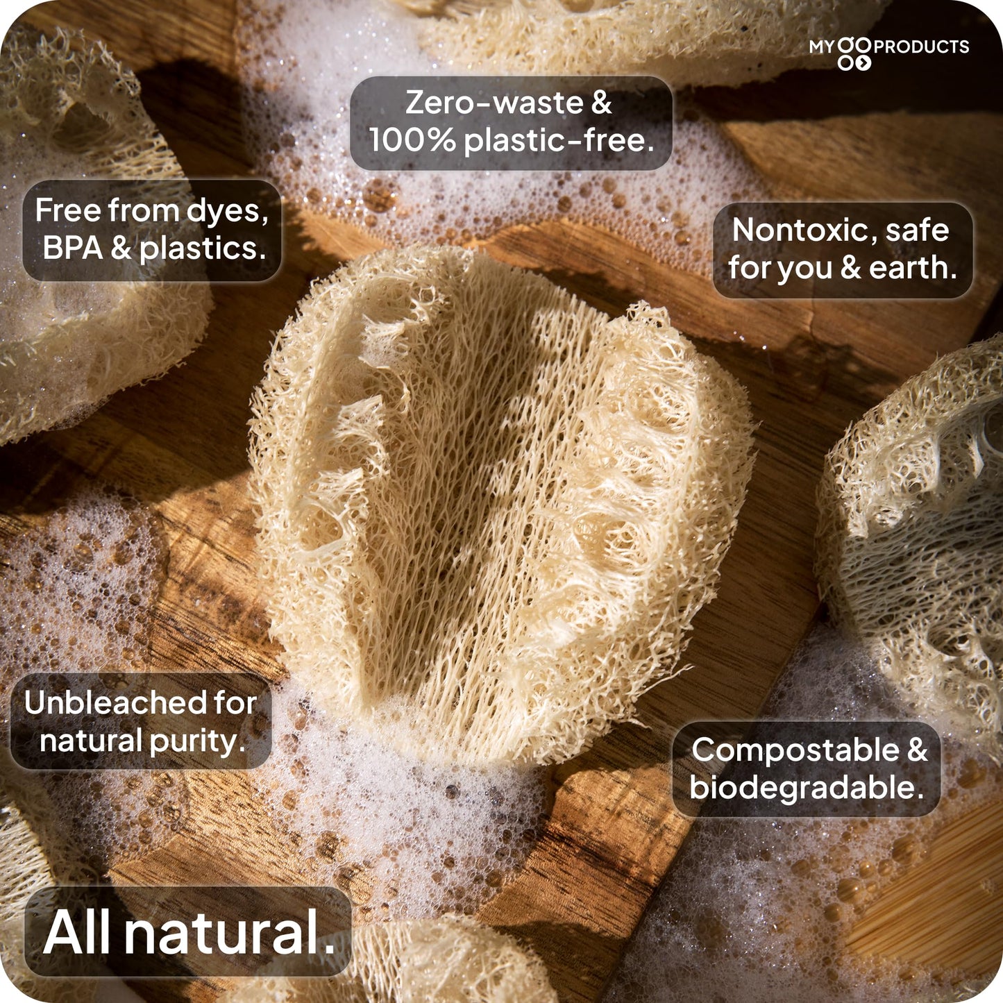 LoofaGO (10-Pack) Natural Loofah Sponges - 100% Biodegradable, Compostable & Plastic-Free, Non-Scratch Scrubbers for Kitchen, Dishes & Bath