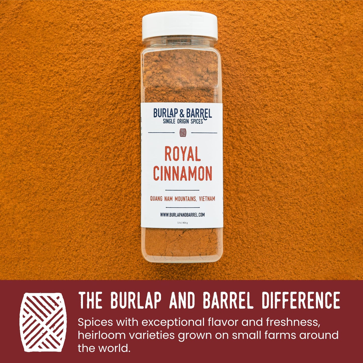 Burlap & Barrel Royal Cinnamon - Intense Sweetness & Spiciness of Vietnamese Cinnamon Powder & Spice - As seen on Shark Tank - 16oz Container