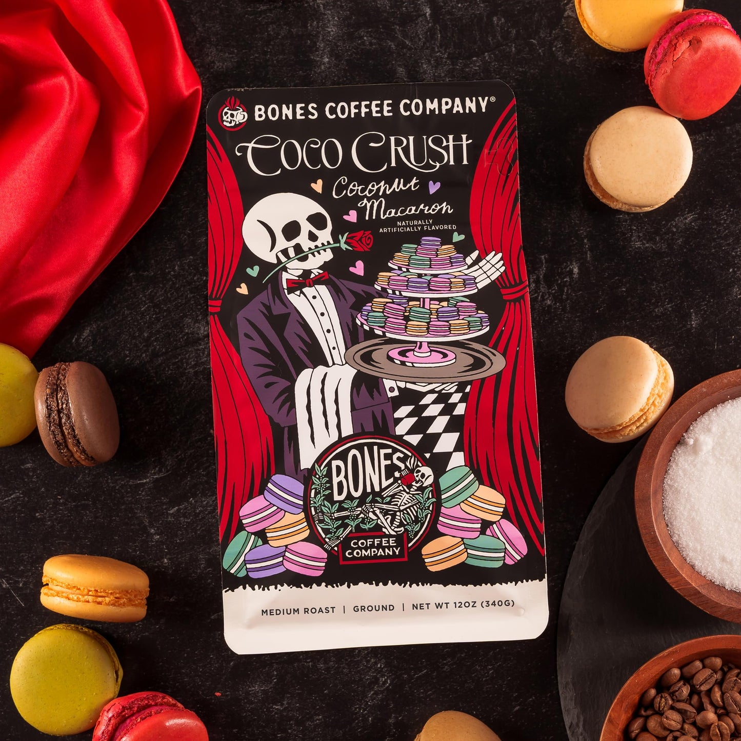 Bones Coffee Company Coco Crush, Coconut Macaron Flavored Coffee, Medium Roast Low Acid Arabica Beans Compatible with Auto drip and French Press
