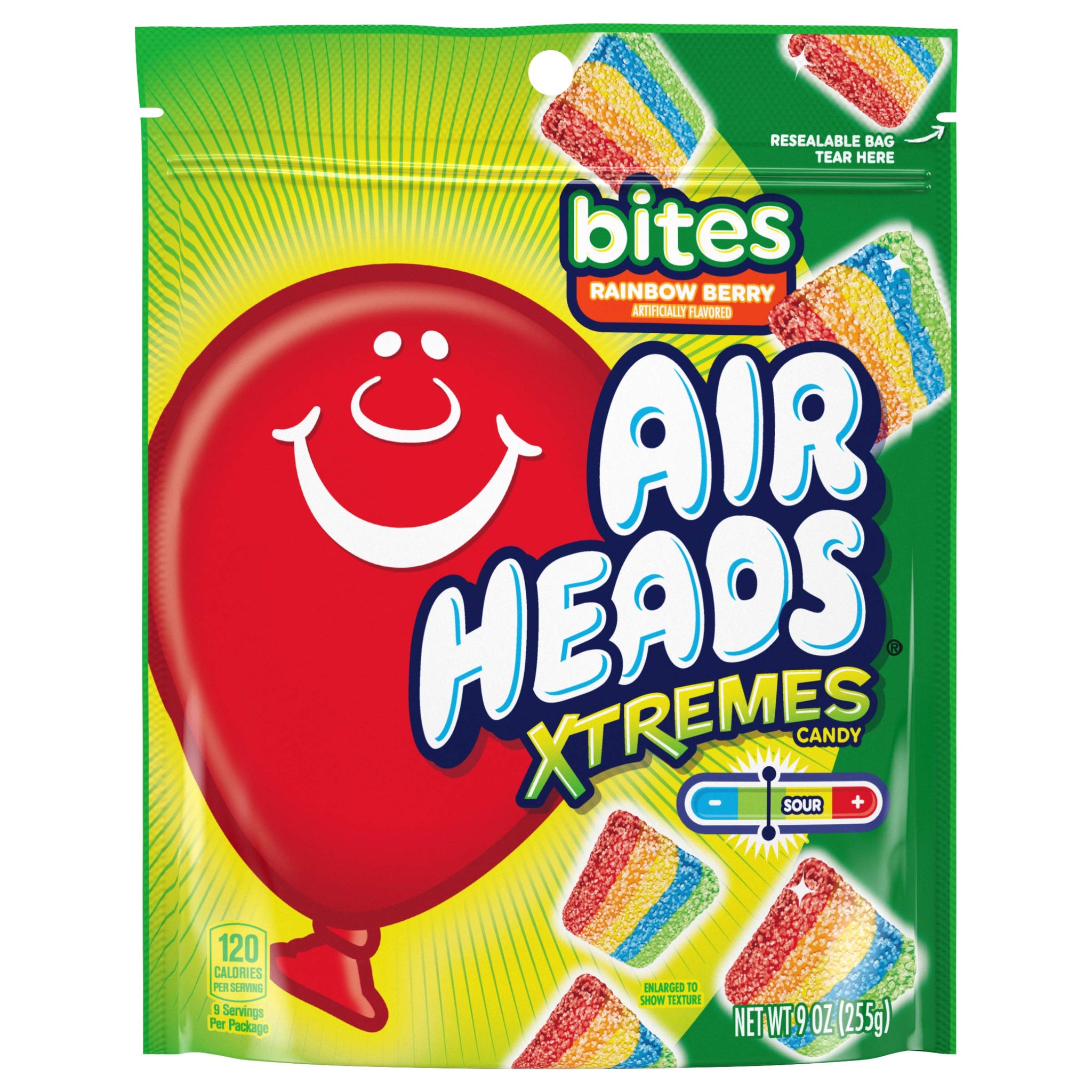 Airheads Candy, Xtremes Bites Sweetly Sour Candy, Rainbow Berry, Non Melting, Large Stand Up Bag, Party, 9 oz (Bulk Pack of 12)
