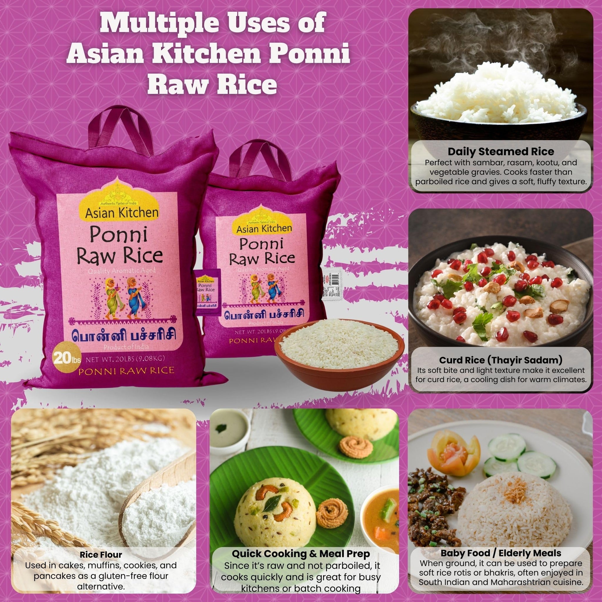 Asian Kitchen Ponni Raw Rice 20-Pound Bag, 20lbs (9.08kg) Short Grain Rice ~ All Natural | Gluten Friendly | Vegan | Indian Origin | Export Quality