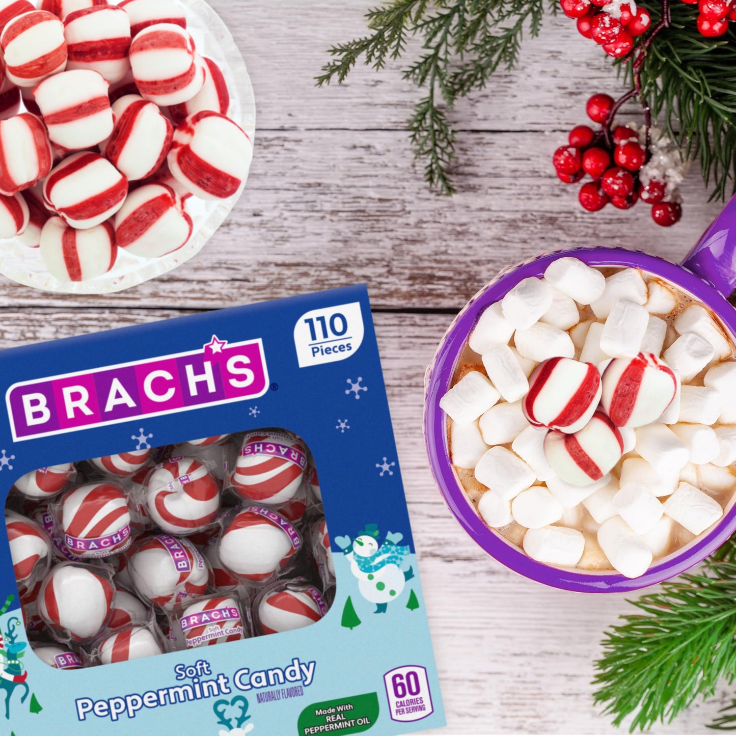 Brach's Holiday Soft Peppermint Candy Tub, Individually Wrapped Mints, 19oz, 110 Pieces