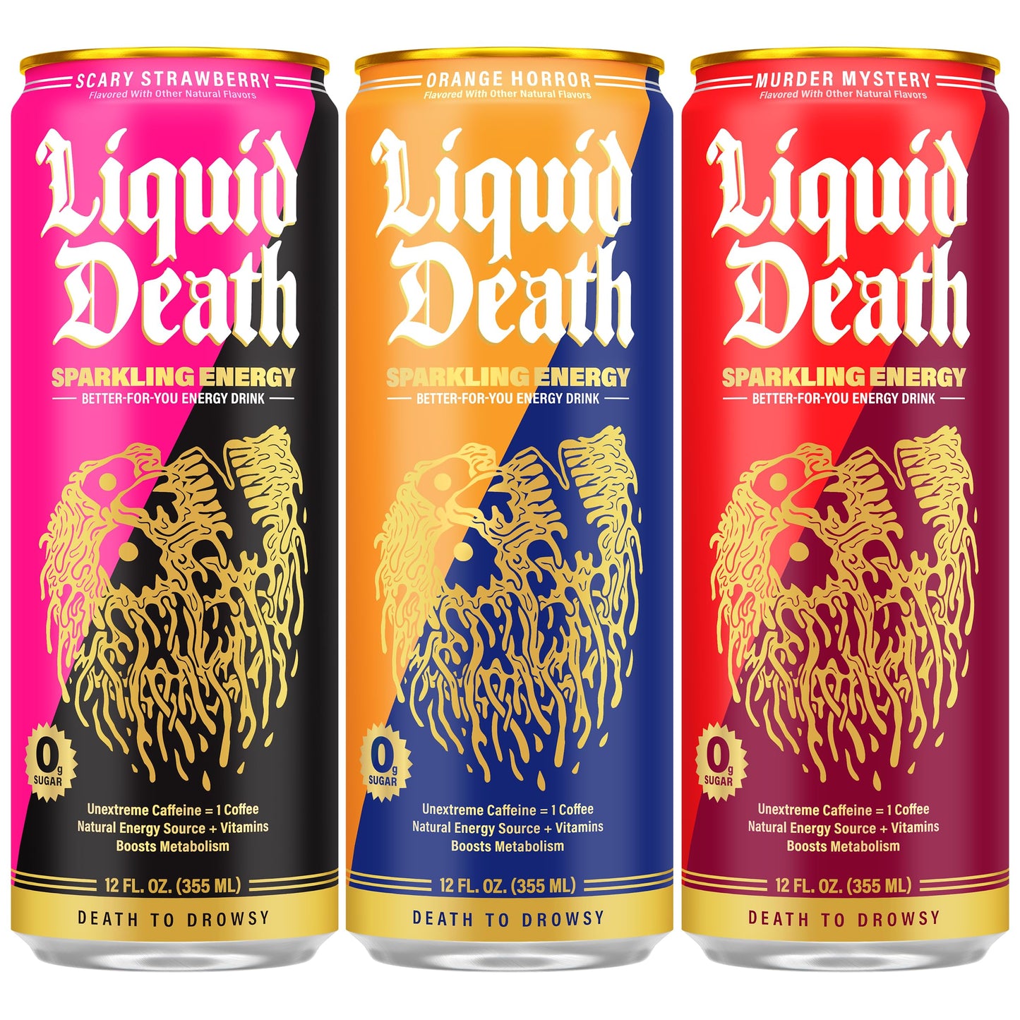 Liquid Death Sparkling Energy Variety Pack, Zero Sugar Energy Drink, Unextreme Caffeine 100mg, Essential Vitamins, 3 Flavors: Strawberry, Orange