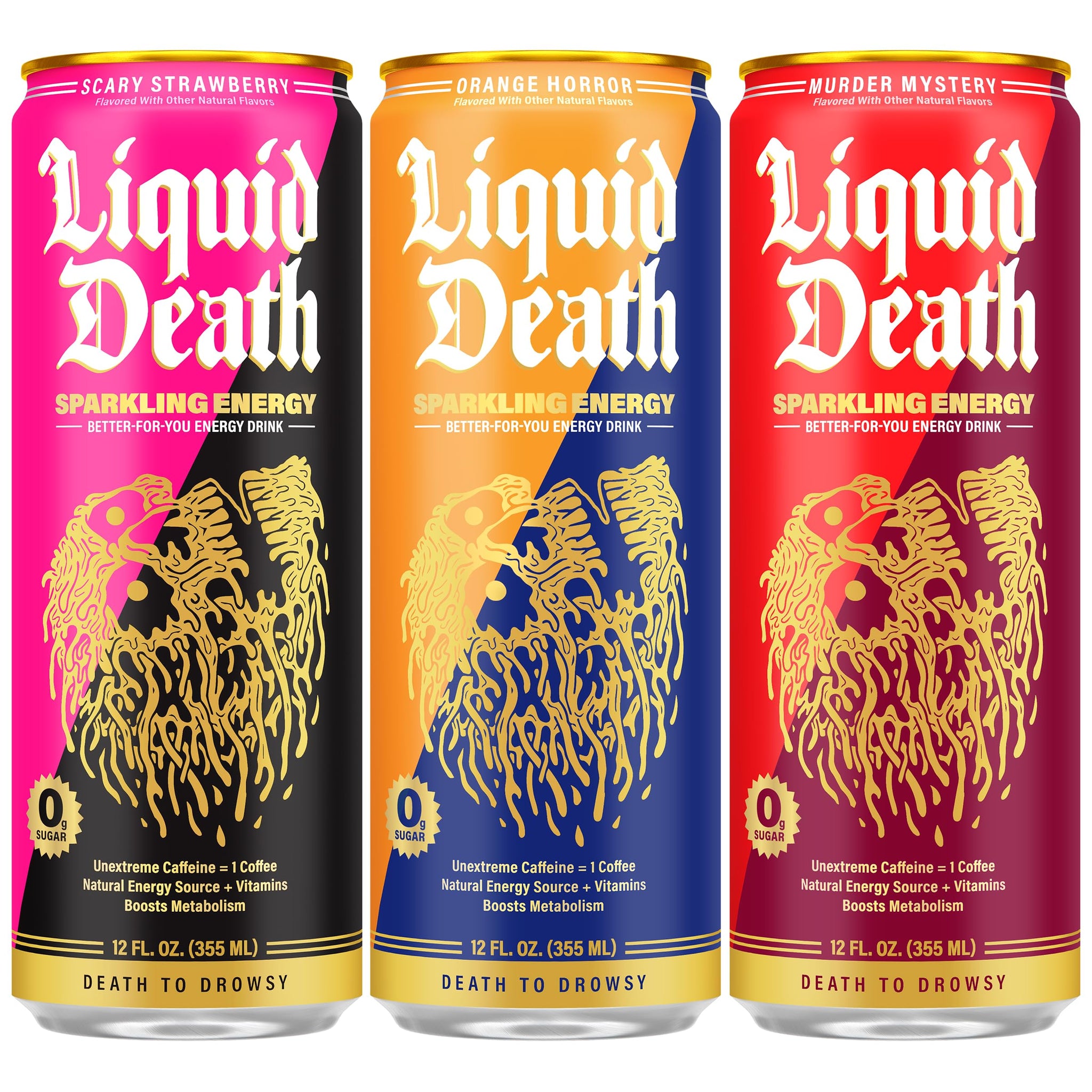 Liquid Death Sparkling Energy Variety Pack, Zero Sugar Energy Drink, Unextreme Caffeine 100mg, Essential Vitamins, 3 Flavors: Strawberry, Orange