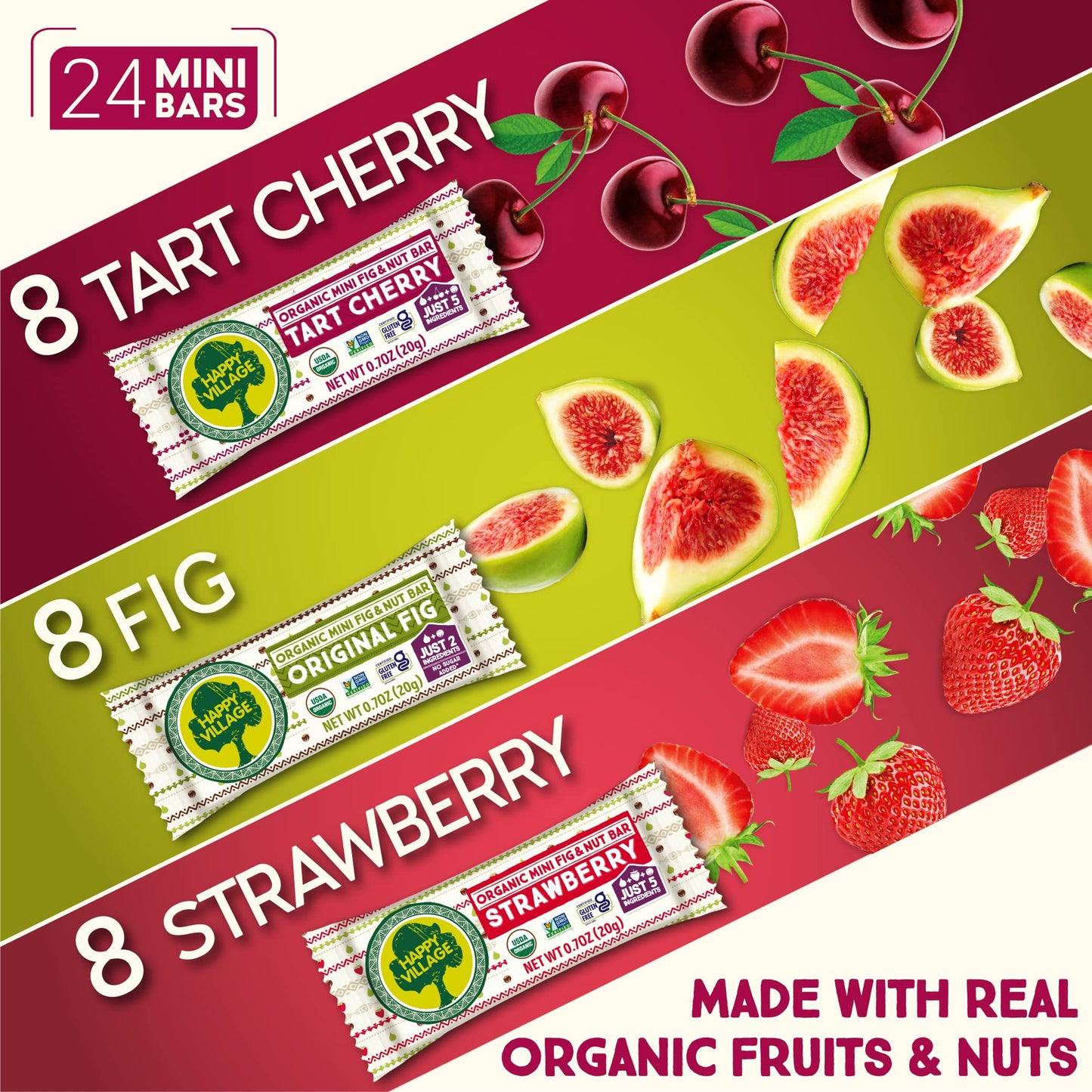 Happy Village Organic Mini Fig & Nut Bars, VARIETY (24 Packs, 0.7 OZ each), No Refined Sugar, Kosher, Non-GMO, Gluten Free, Vegan, Good Source