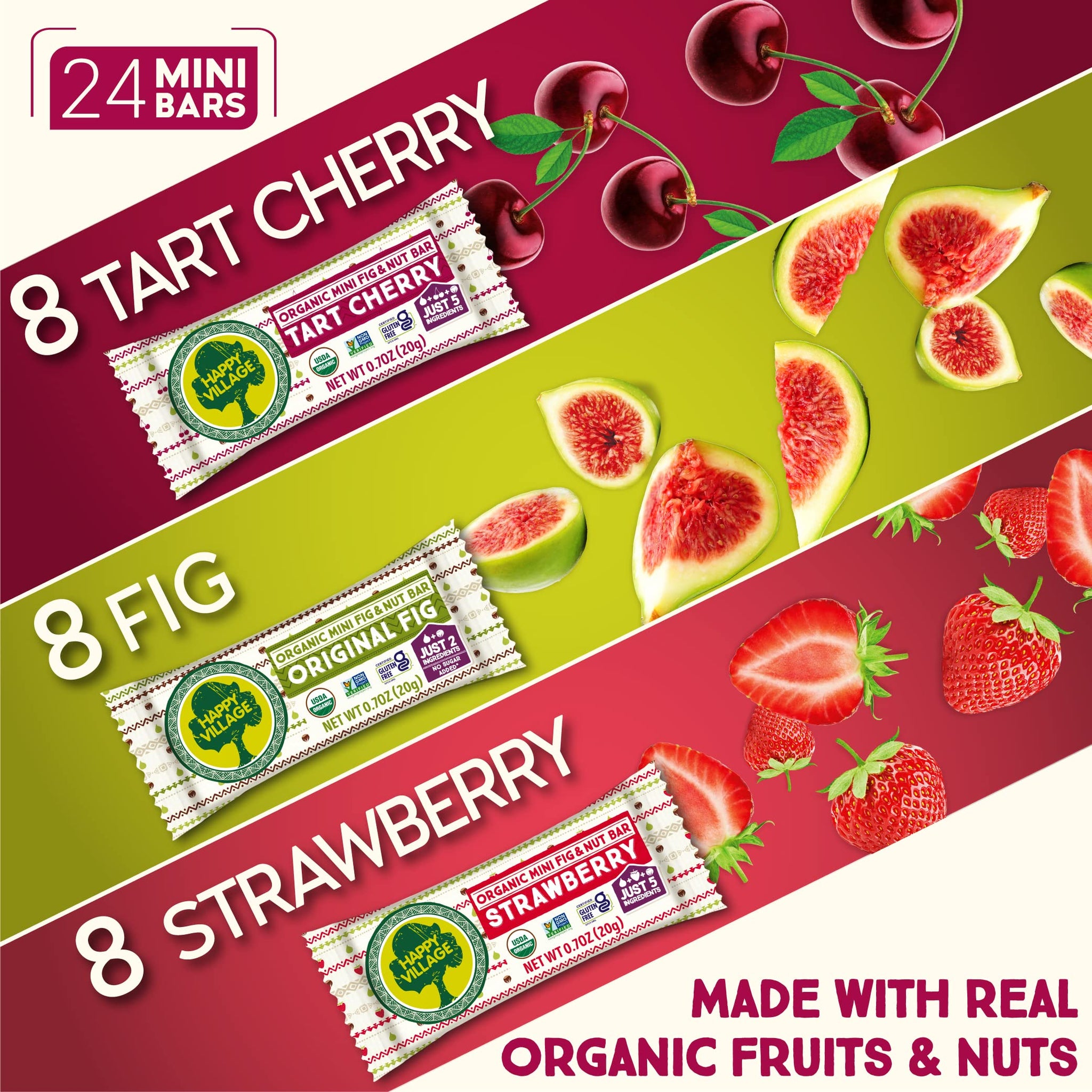 Happy Village Organic Mini Fig & Nut Bars, VARIETY (24 Packs, 0.7 OZ each), No Refined Sugar, Kosher, Non-GMO, Gluten Free, Vegan, Good Source