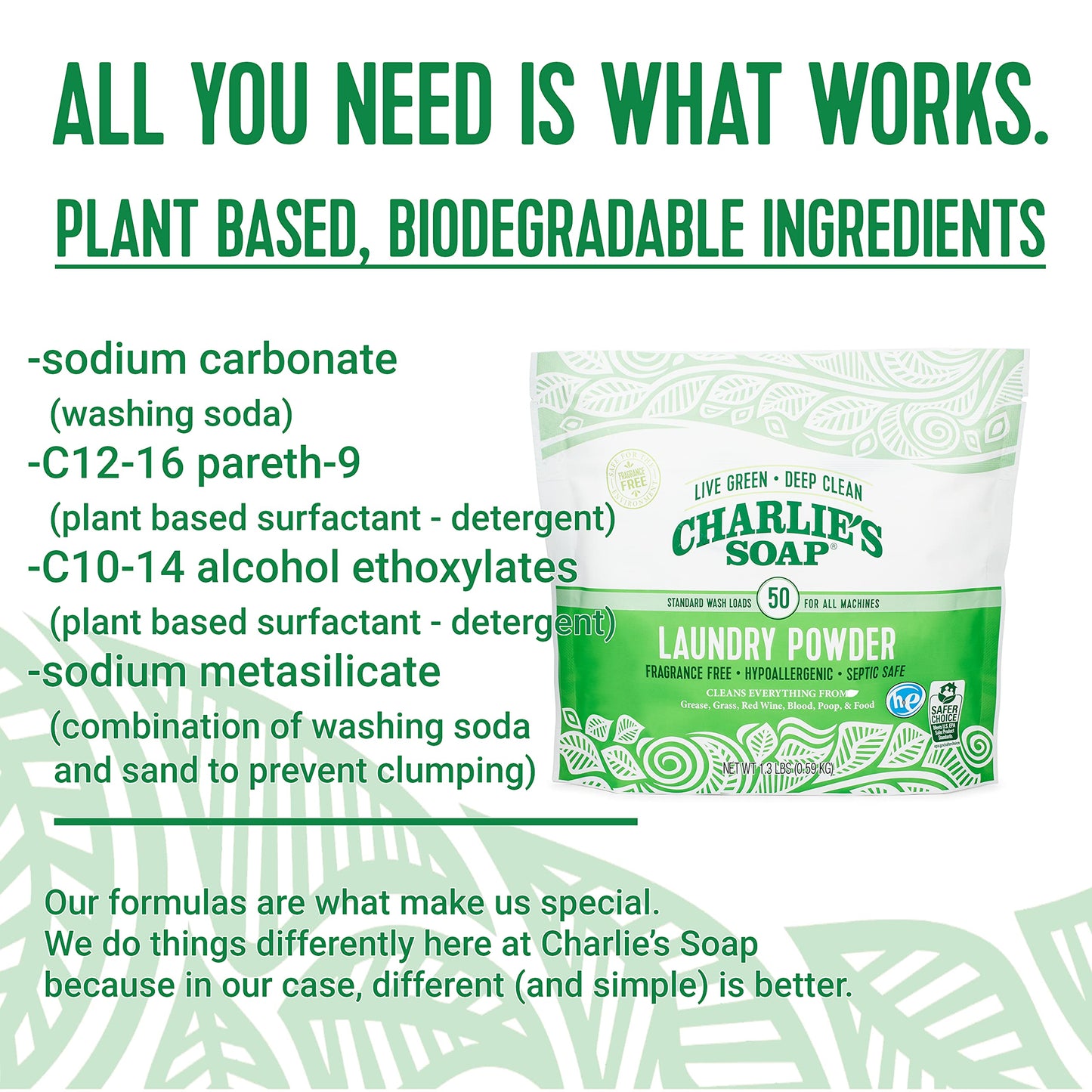 Charlie’s Soap Laundry Powder (50 Loads, 3 Pack) Hypoallergenic Deep Cleaning Washing Powder Detergent - Eco-Friendly, Safe, and Effective
