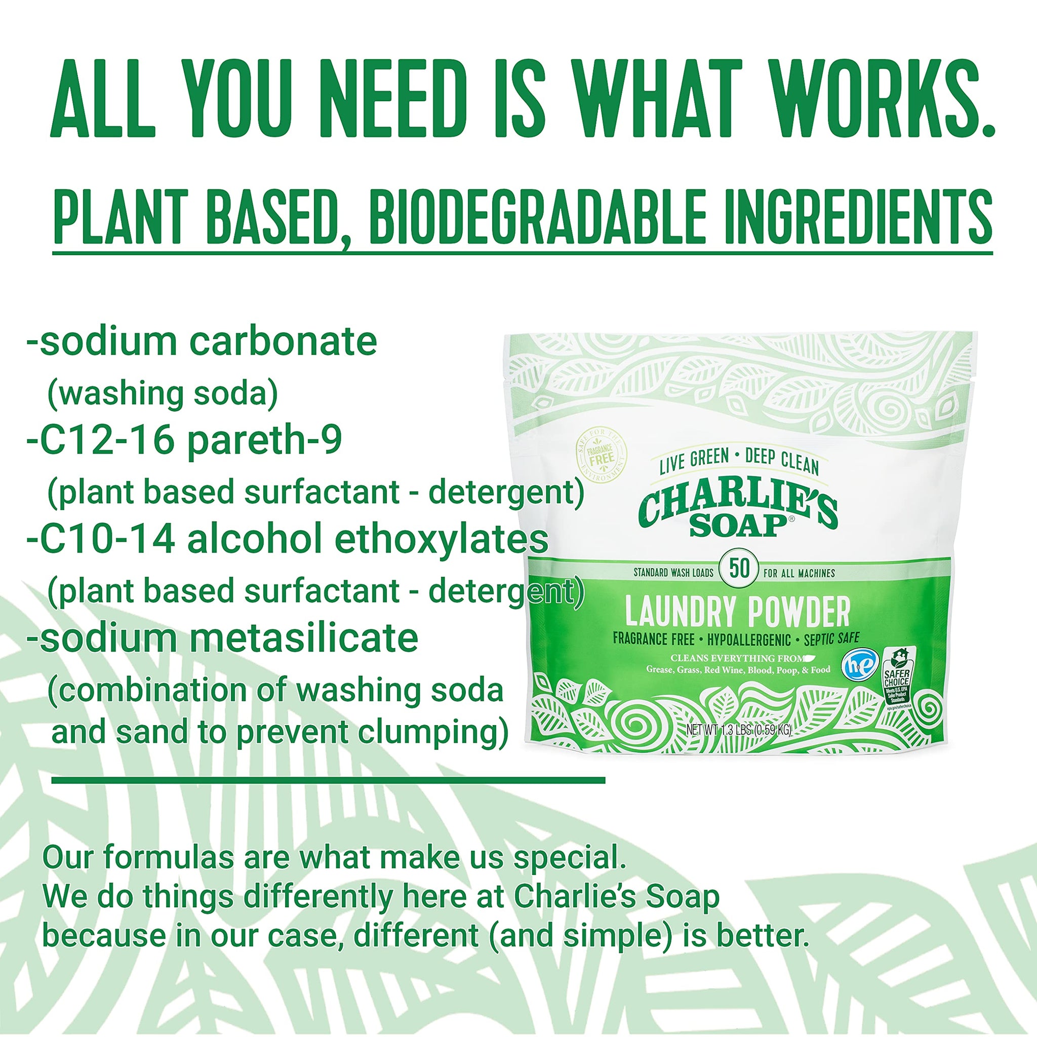 Charlie’s Soap Laundry Powder (50 Loads, 3 Pack) Hypoallergenic Deep Cleaning Washing Powder Detergent - Eco-Friendly, Safe, and Effective