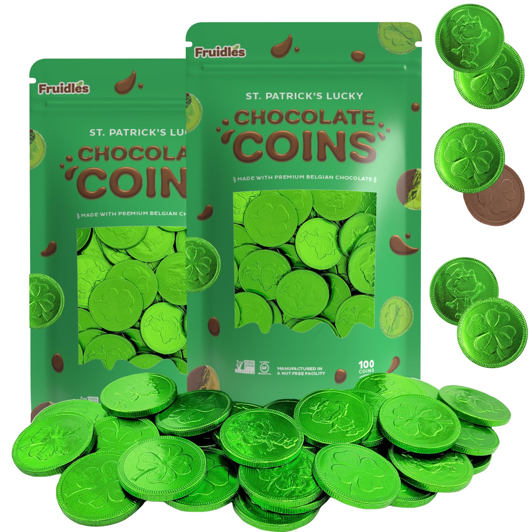 Fruidles Pack of 200 Saint Patrick's Day Clover Shamrock Leprechaun Chocolate Green Coins, Premium Belgian Nut-Free Milk Chocolate, Kosher (Pack
