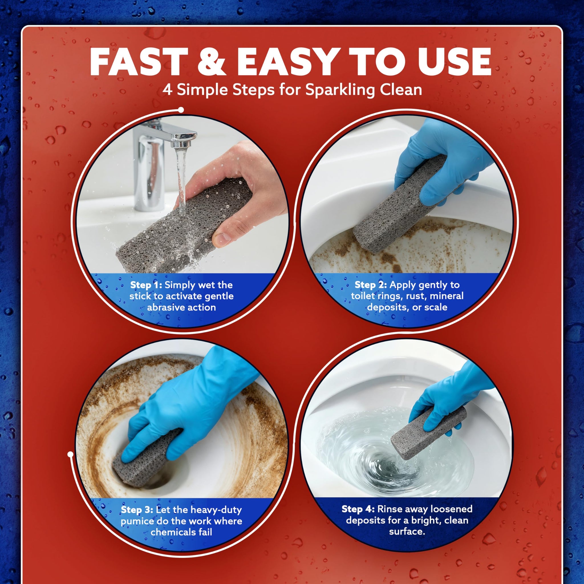 PUMIE Scouring Stick for Toilet (4-Pack) - Heavy Duty Cleaning Pumice Stone for Hard Water Rings, Rust & Stains - Non-Toxic & Chemical-Free - Natural