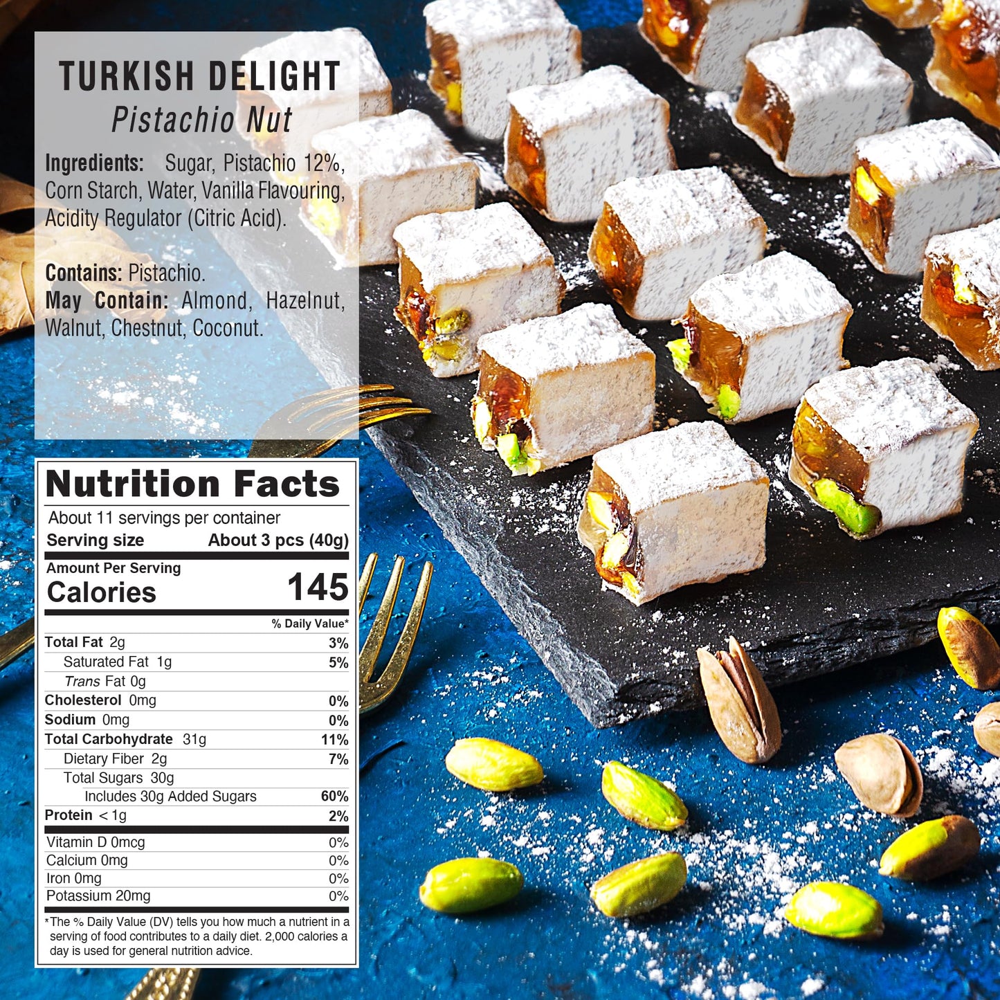 Hazer Baba Turkish Delight Pistachio Candy, 16oz (Pack of 1) Gourmet Snack Box, Traditional, Vegan Snack, Turkish Lokum, Unique Sweets, Loukumi