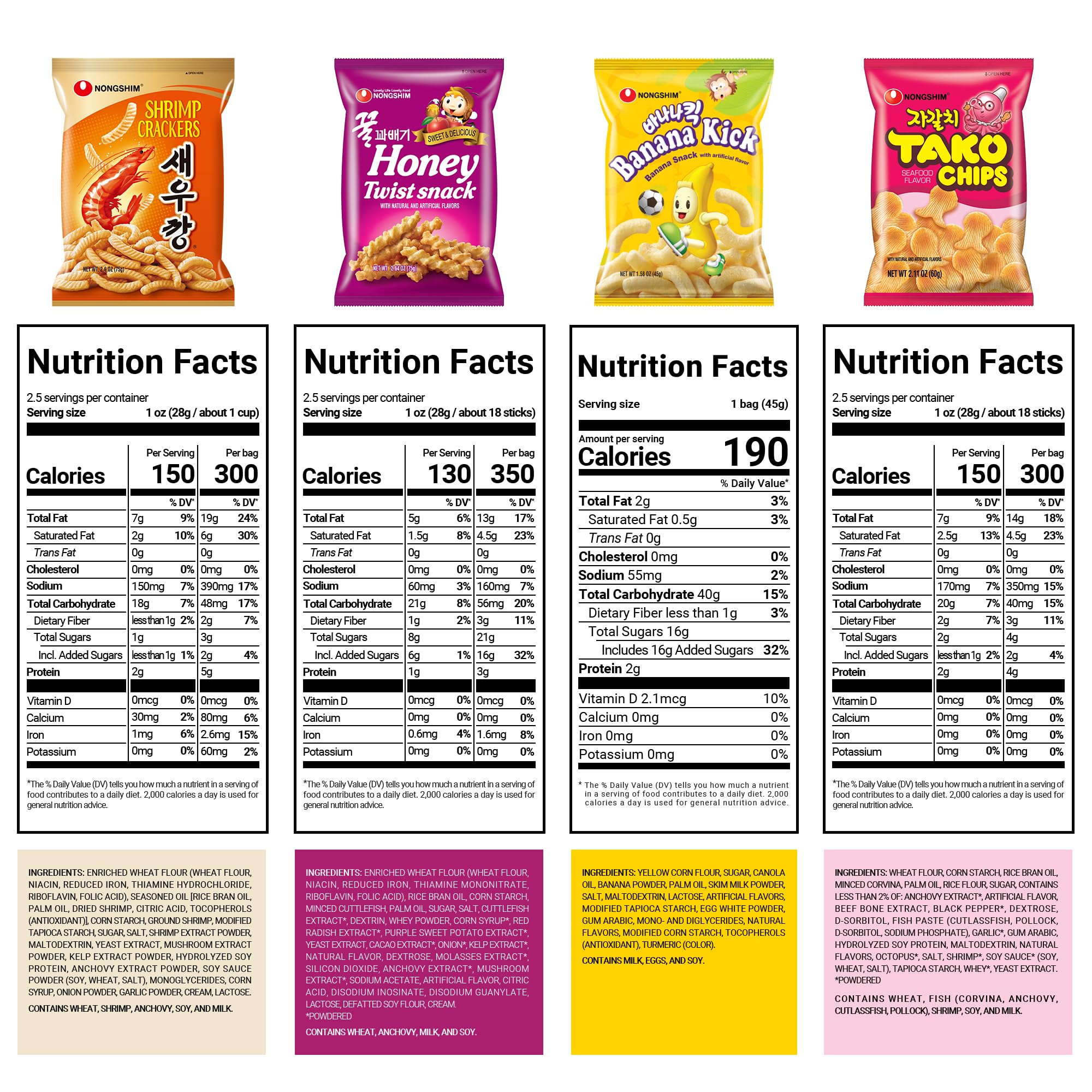Nongshim Korean Variety Snack Pack, Original Shrimp Crackers, Honey Twist Snack, Banana Kick, Tako Chips, Variety Pack, Snacks for Kids, Sport Event