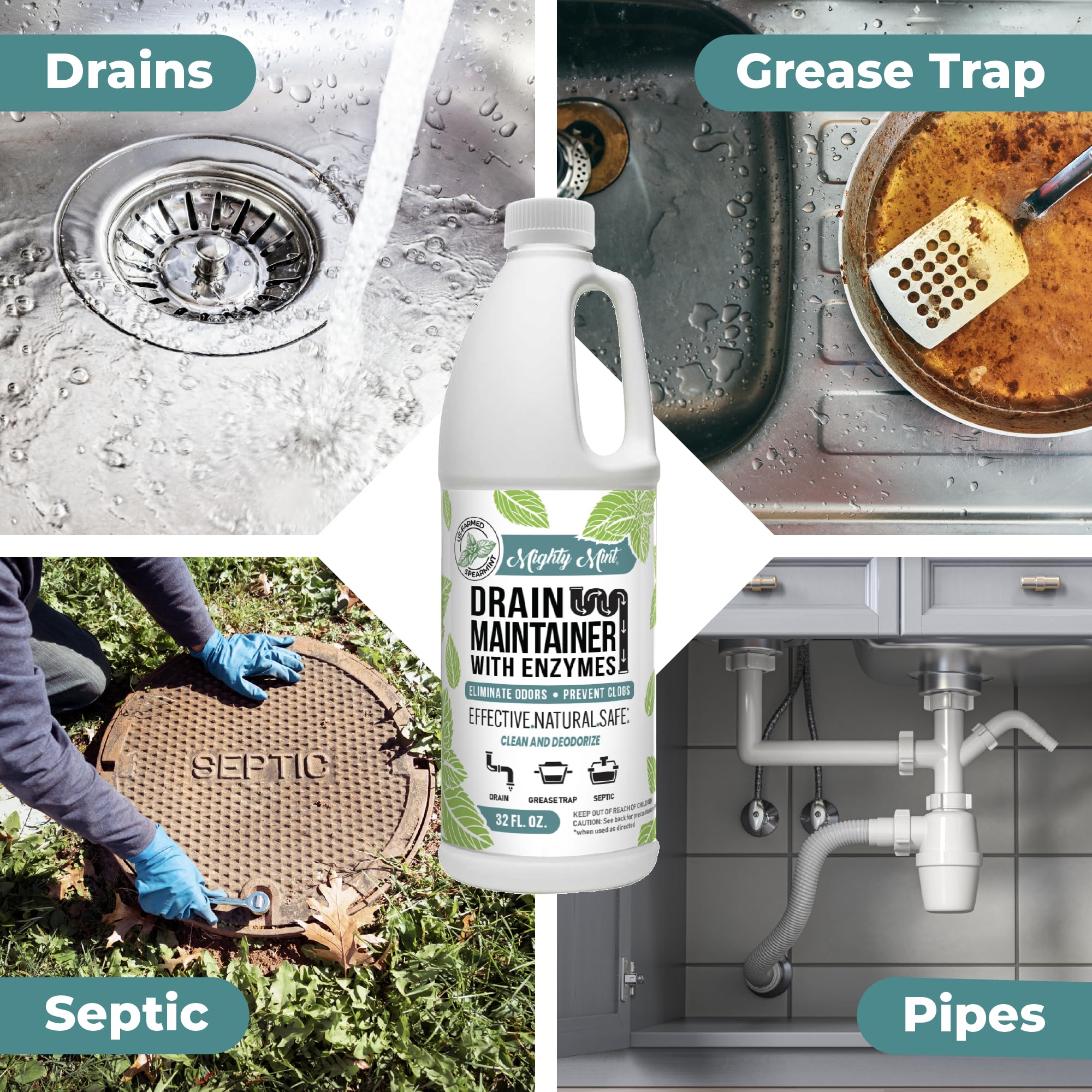 Mighty Mint Enzyme Drain Maintainer - Drain Cleaner & Deodorizer for Odor Control and Buildup Prevention - Safe for Pipes, Septic & Grease Traps - 32