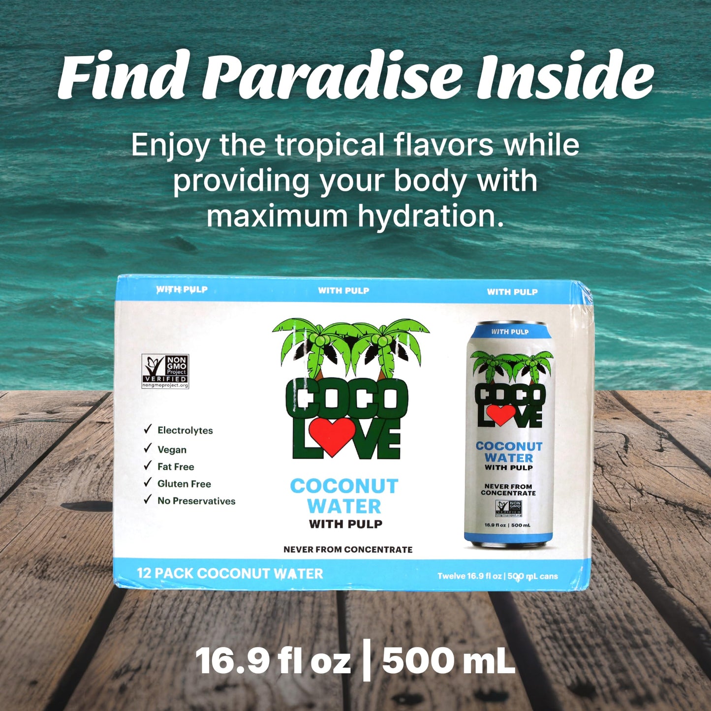 Coco Love 100% Coconut Water with Pulp | 16.9 Fl Oz - 500 ml (12 Pack)