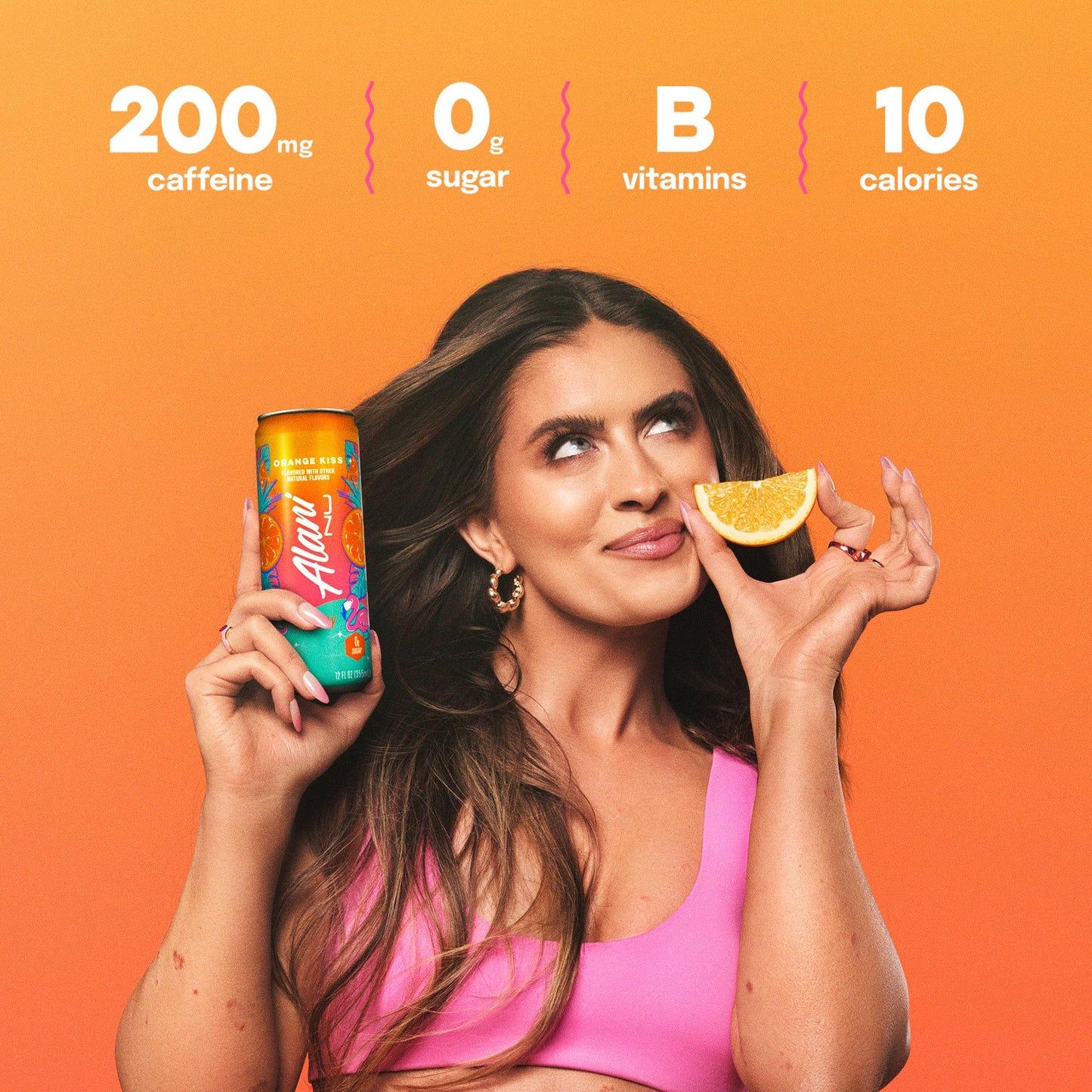 Alani Nu ORANGE KISS, Sugar Free, Low Calorie Energy Drinks, 200mg Caffeine, Biotin, B Vitamins, Zero Sugar, 10 Calories, 12 Fl Oz Cans, 24 Pack