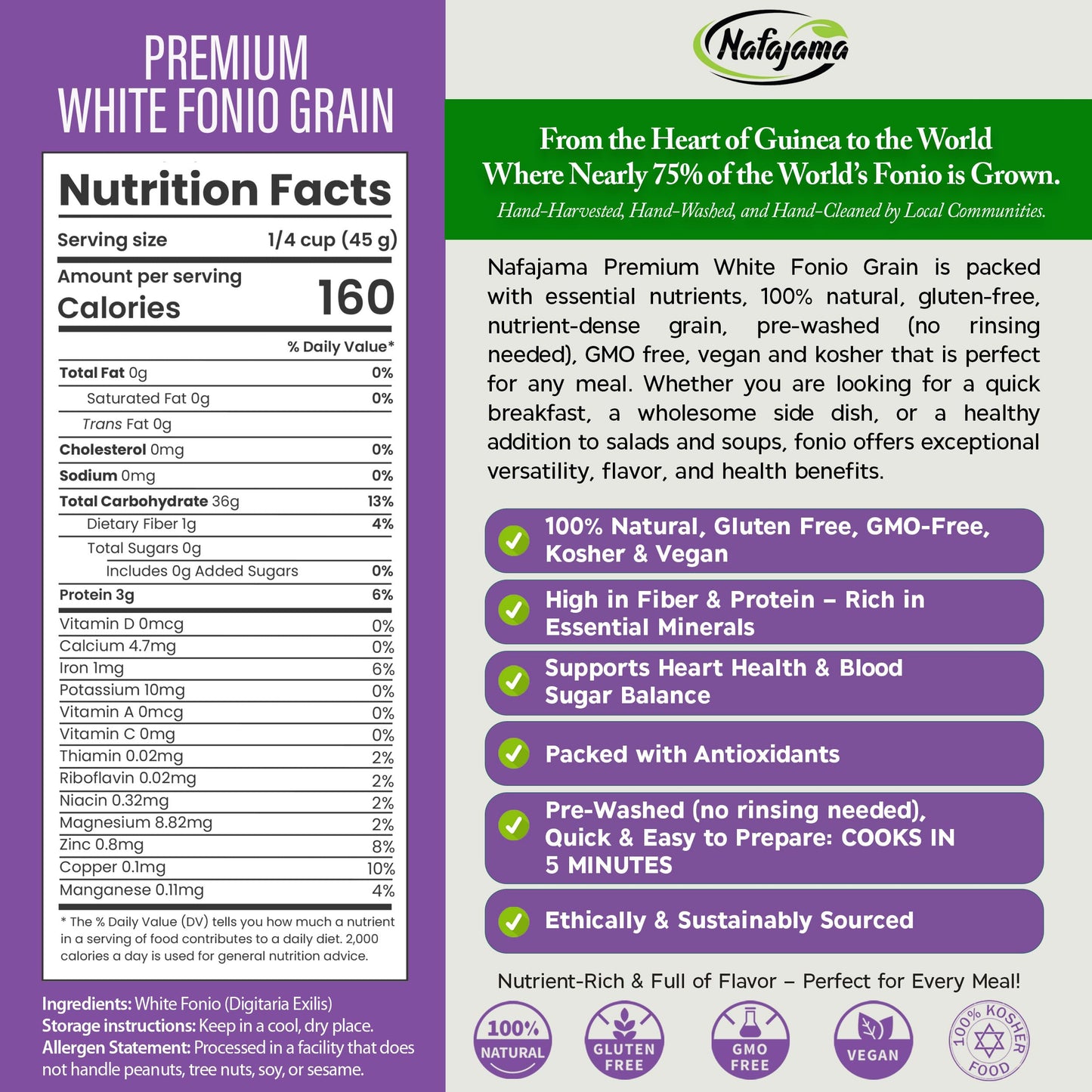 Nafajama Premium Gluten-Free White Fonio Grain | Pre-Washed Ancient African Super-Grain | Non-GMO, Vegan, High-Fiber Superfood | All-Natural, Uncooked - 1 Bag of 1 lb / 454g