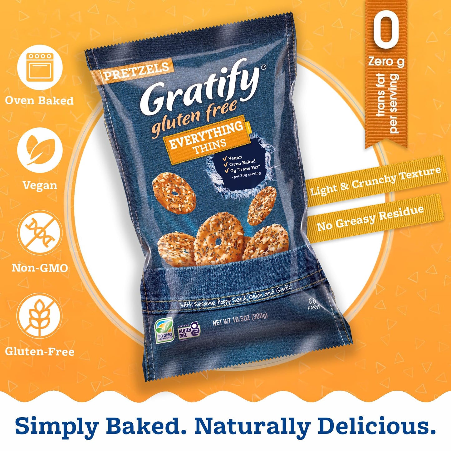 Osem Gratify Gluten Free Everything Thins - Gratify Gluten Free Pretzel Crisps, GF Party Snack Bags, Thins with Onion & Garlic Seasoning - 10.5 oz Bag