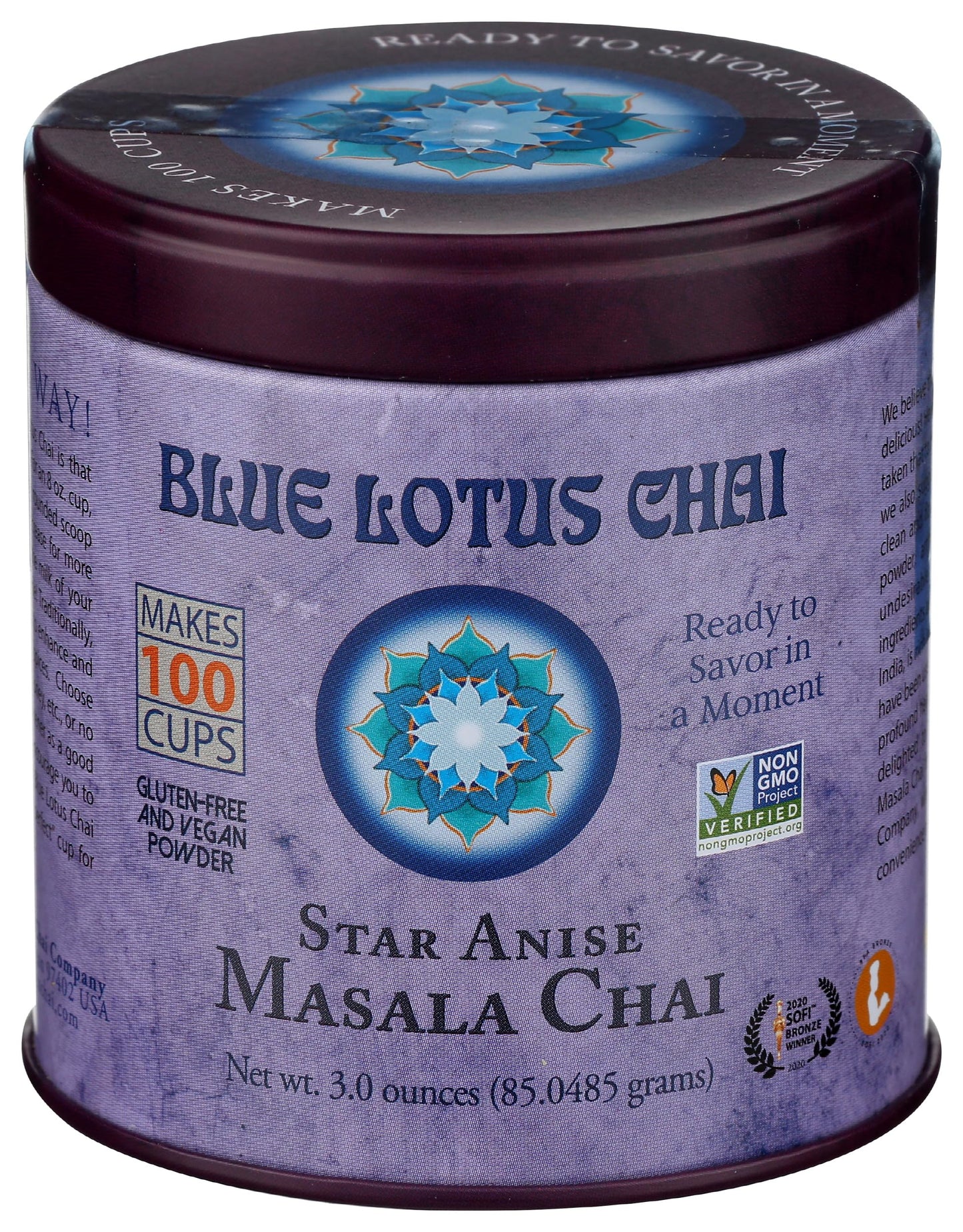 Blue Lotus Chai - Star Anise Masala Chai - Makes 100 Cups - 3 Ounce Masala Spiced Chai Powder with Organic Spices - Instant Indian Tea No Steeping