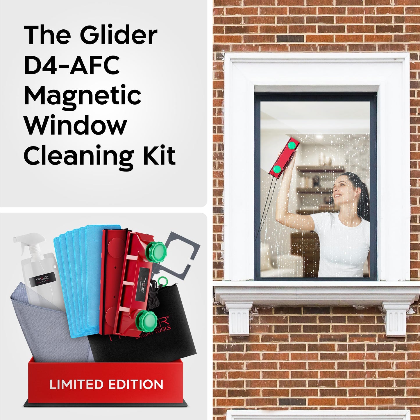 Tyroler Magnetic Window Cleaner Tool | The Glider D4 Window Cleaning Tool Fits Windows 0.1"-1.6" Thick | All-in-One Window Cleaning Kit | Magnetic