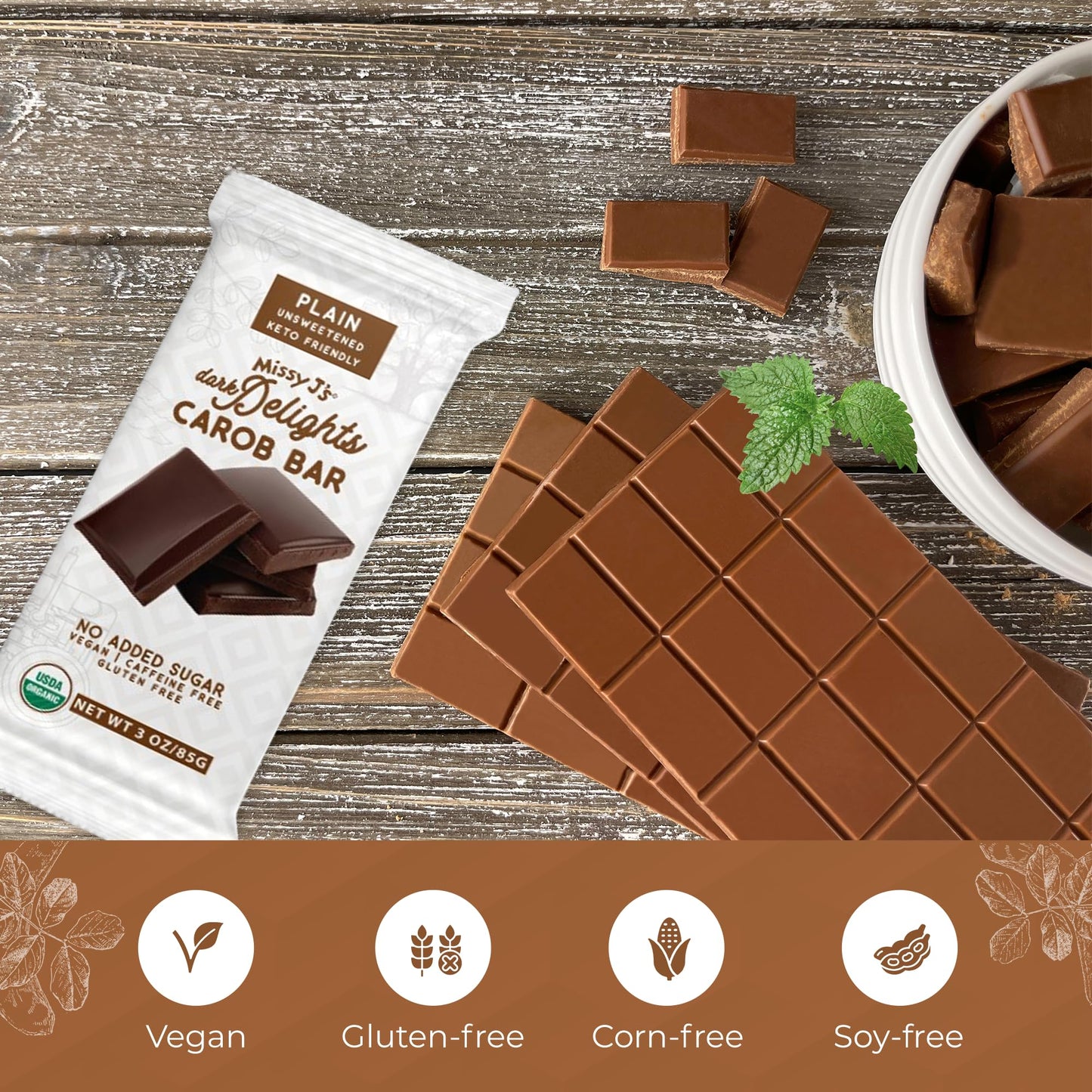 Missy J's Organic Carob Dark Delights Unsweetened Plain Candy Bar 3 Oz 2 Pack | Vegan, Gluten and Caffeine Free, Healthy Substitute for Chocolate