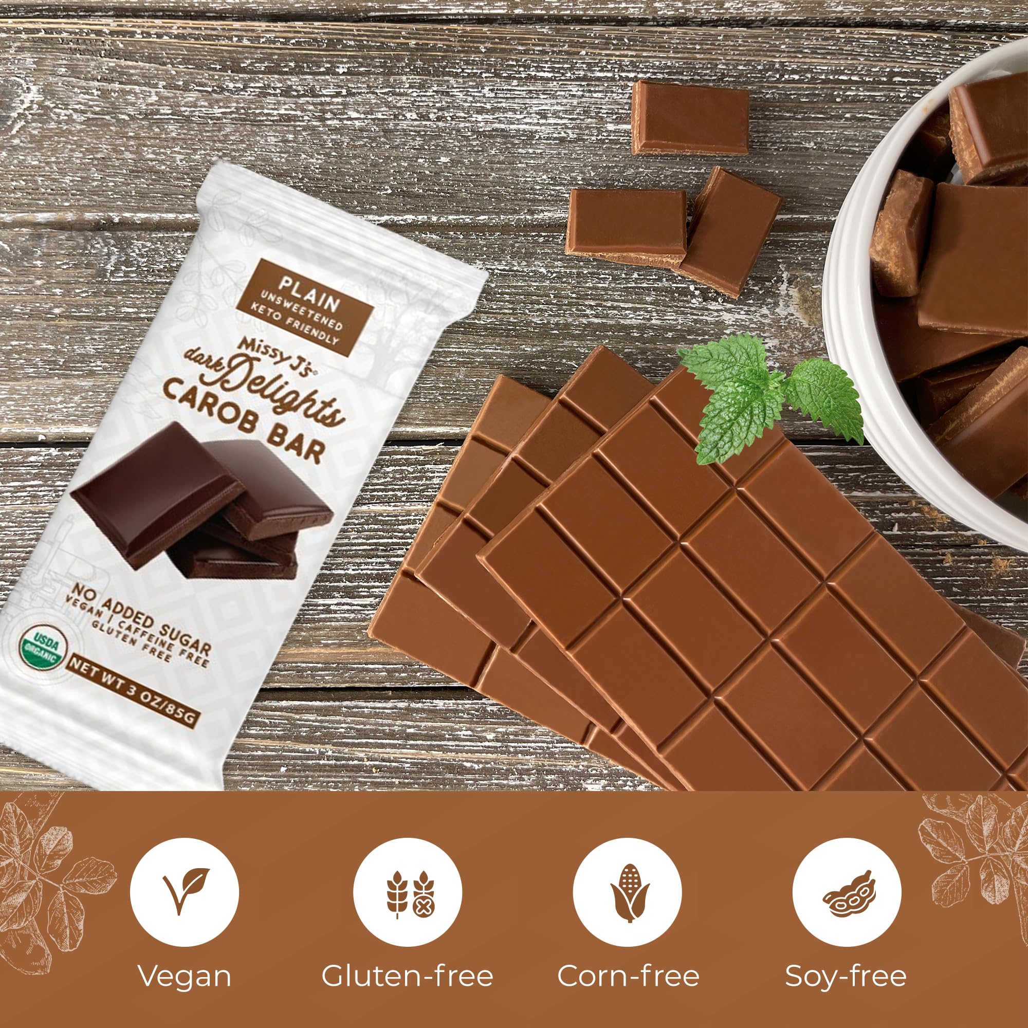 Missy J's Organic Carob Dark Delights Unsweetened Plain Candy Bar 3 Oz 2 Pack | Vegan, Gluten and Caffeine Free, Healthy Substitute for Chocolate