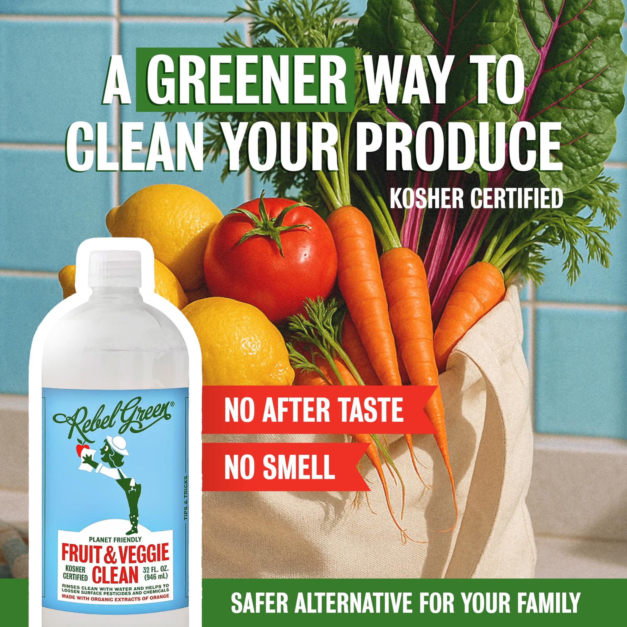 Rebel Green Fruit & Veggie Clean - Plant-Based Produce Cleaner - Natural Fruit and Vegetable Wash with No Aftertaste - Dirt & Grime Removal - Made