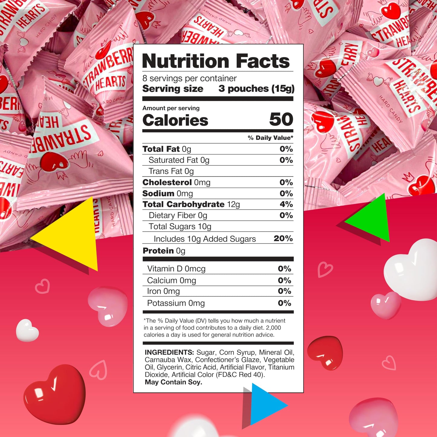 Strawberry Hearts | 24 Mini Packs | Hard Candy Individually Wrapped for Classroom and Party Favors | White, Red and Pink Hearts for Sharing