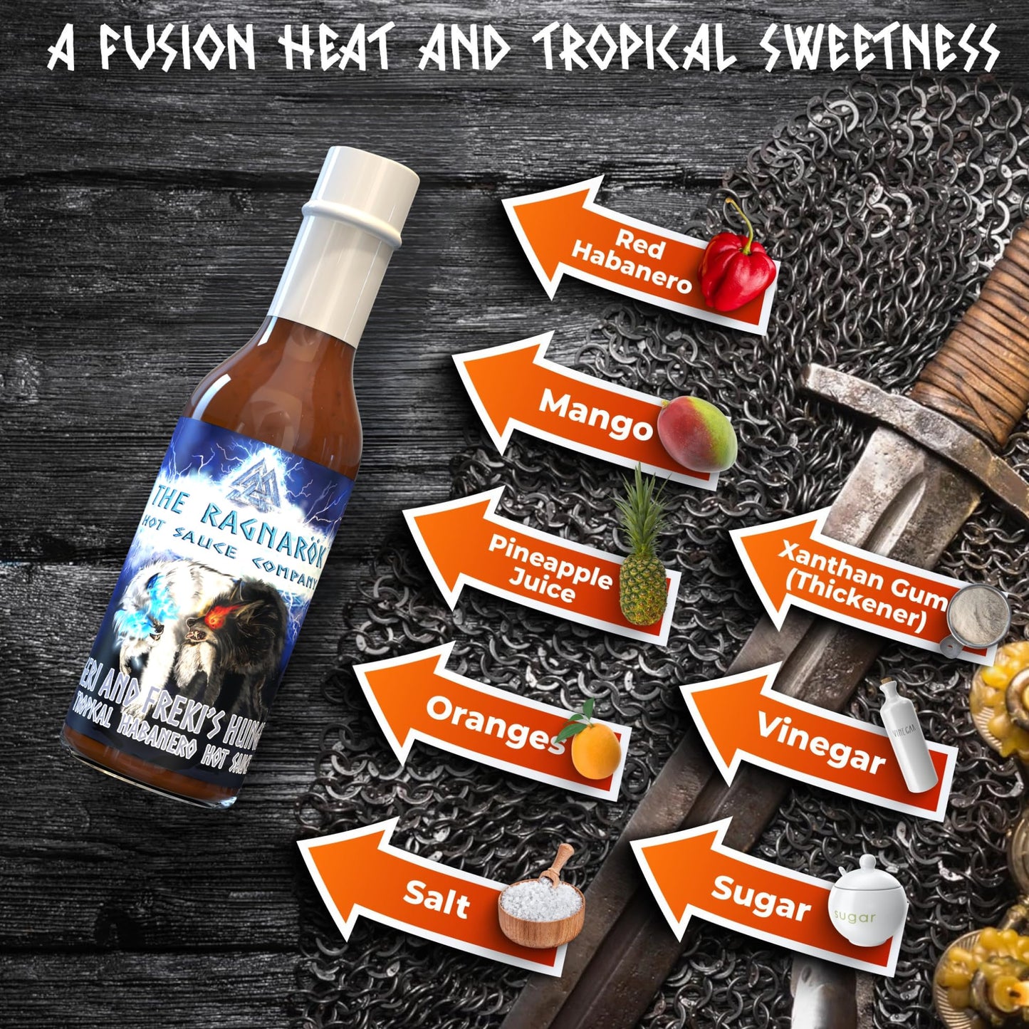 The Ragnarok Hot Sauce Company - Tropical Habanero Hot Sauce - Made with Pineapple, Oranges and Mango - 5oz Bottle
