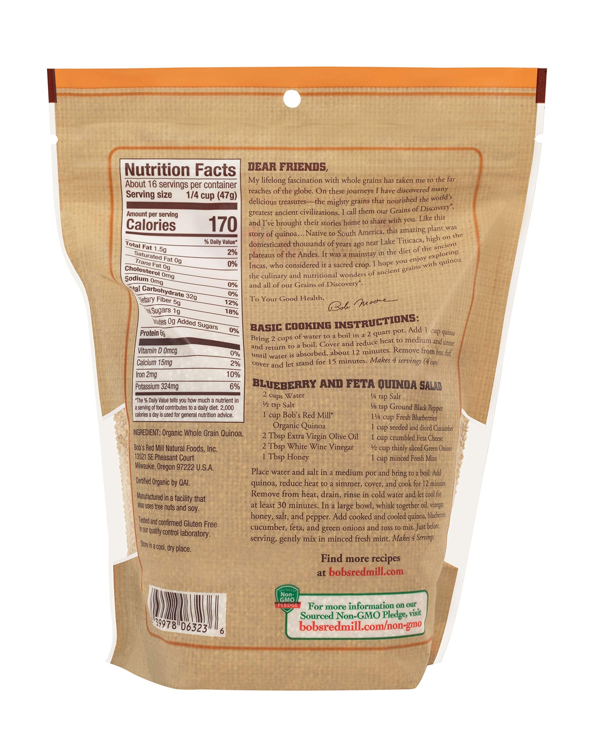 Bob's Red Mill Organic White Quinoa - 26 Ounce (Pack of 1), Vegan, Gluten Free, Non GMO, Complete Plant Protein, Whole Grain