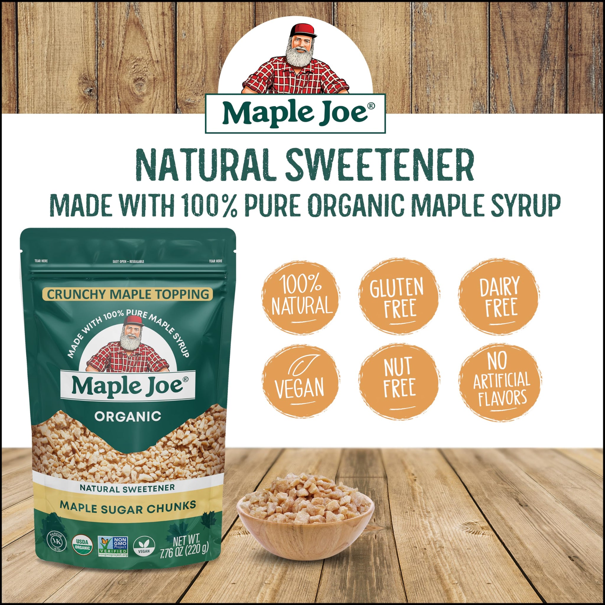 Maple Joe Organic Maple Sugar Sprinkles, Maple Flakes Made With Canadian 100% Pure Maple Syrup. Delicious With Coffee, Ice Cream, Yogurt & More Maple Sugar Granulated Chips Maple Chunks 7.8 oz