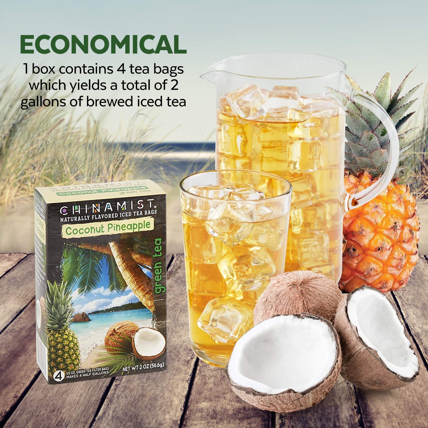China Mist Iced Tea - Coconut Pineapple Green Tea Infusion - Refreshing and Delicious - Each Tea Bag Yields 1/2 Gallon - 4 bags.