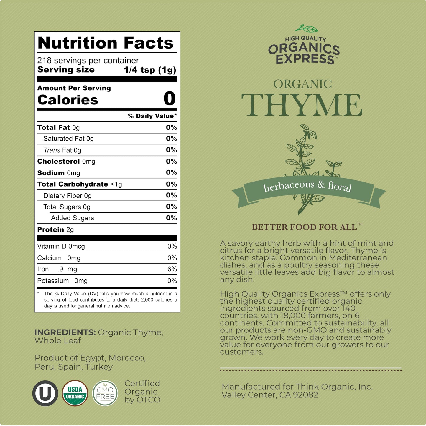 HQOExpress Organic Thyme Leaf - Non GMO, Kosher, USDA Certified Organic Dried Thyme Leaves - Aromatic and Savory Seasoning for Pastas, Soups