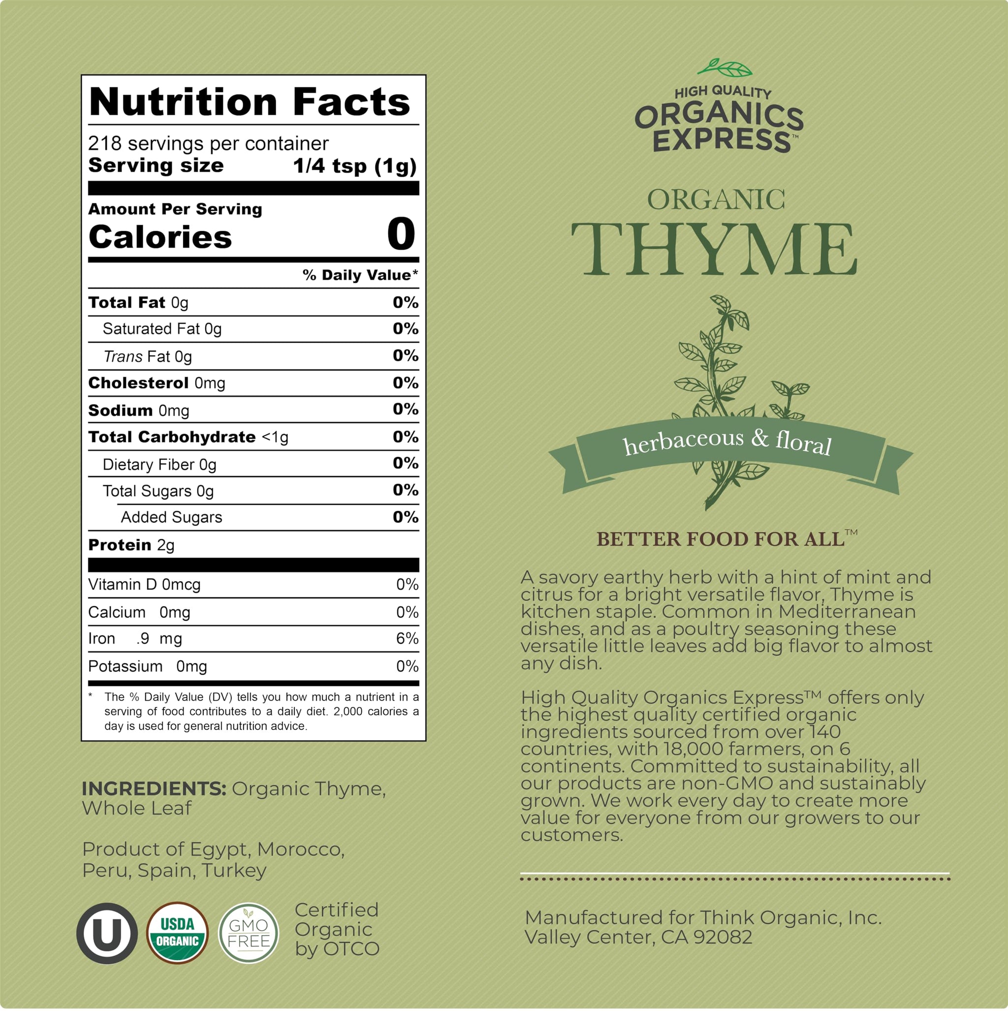 HQOExpress Organic Thyme Leaf - Non GMO, Kosher, USDA Certified Organic Dried Thyme Leaves - Aromatic and Savory Seasoning for Pastas, Soups