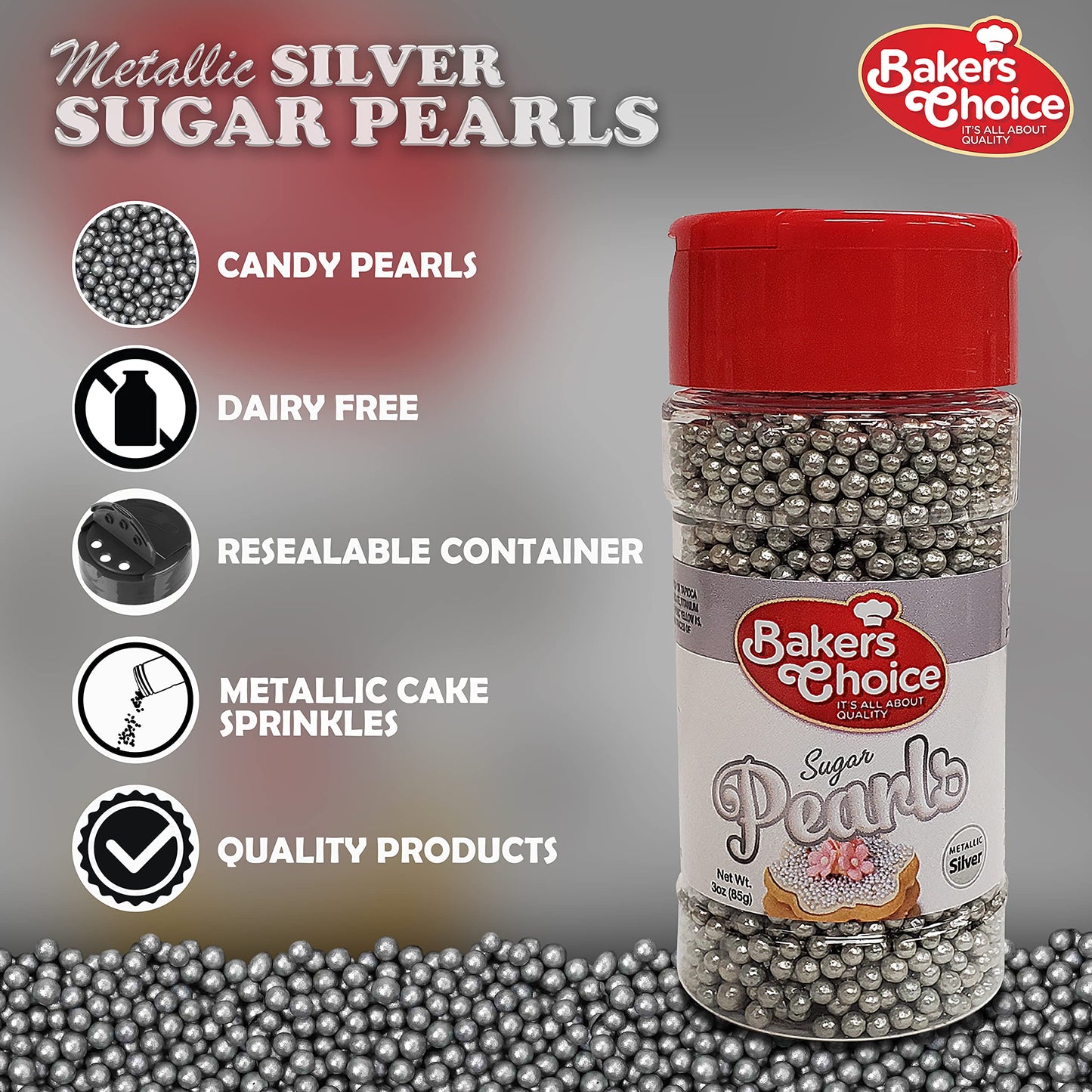 Baker's Choice Edible Pearls - Pearl Sprinkles - Metallic Silver Sugar Pearls - Dairy Free - Kosher - 3 oz.
