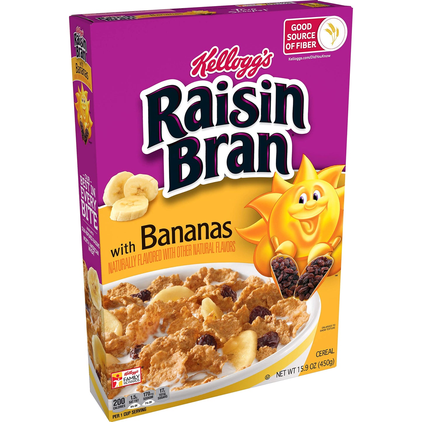Kellogg's Raisin Bran Breakfast Cereal, Fiber Cereal, Made with Real Fruit, Original with Bananas, 15.9oz Box (1 Box)