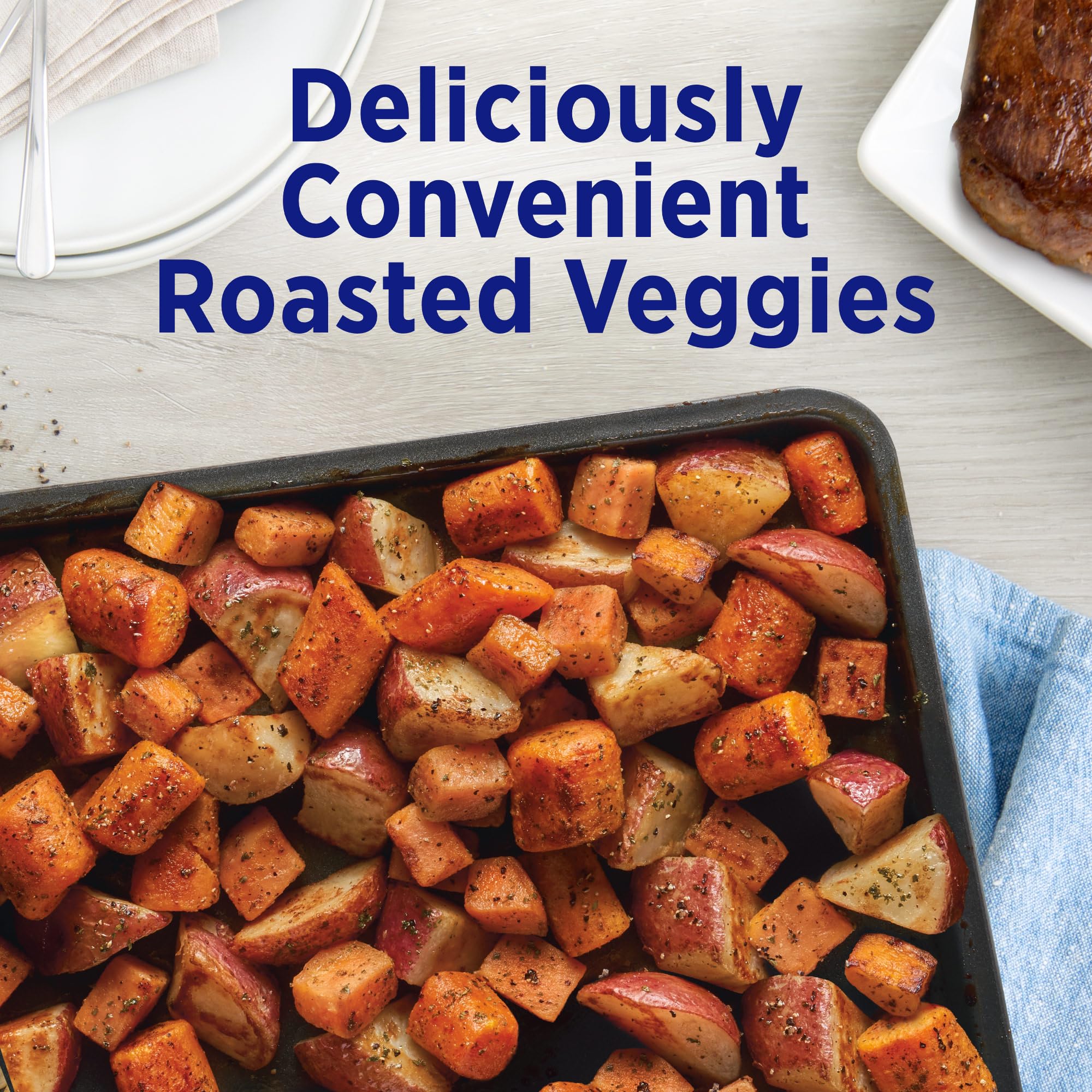 Birds Eye Oven Roasters, Seasoned Sweet Potatoes, Carrots & Red Potatoes, Convenient Roasted Veggies for Sides With Frozen Vegetables, 14 OZ Bag