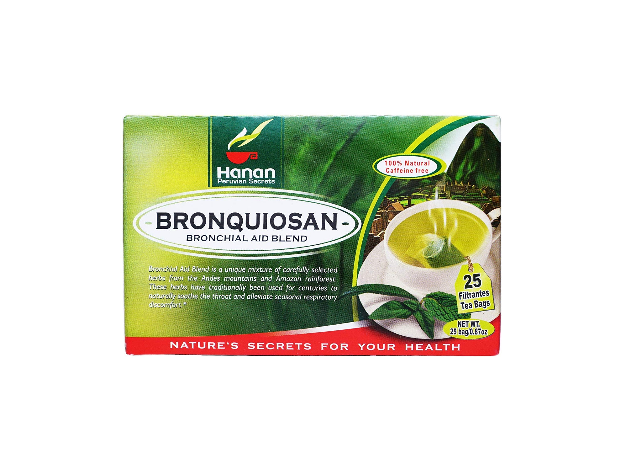 Hanan Peruvian Secrets Bronquiosan Herbal Tea | 100% Natural Bronchial Aid Blend | 25 Tea Bags | Naturally Aids in Soothing the Throat and Alleviating