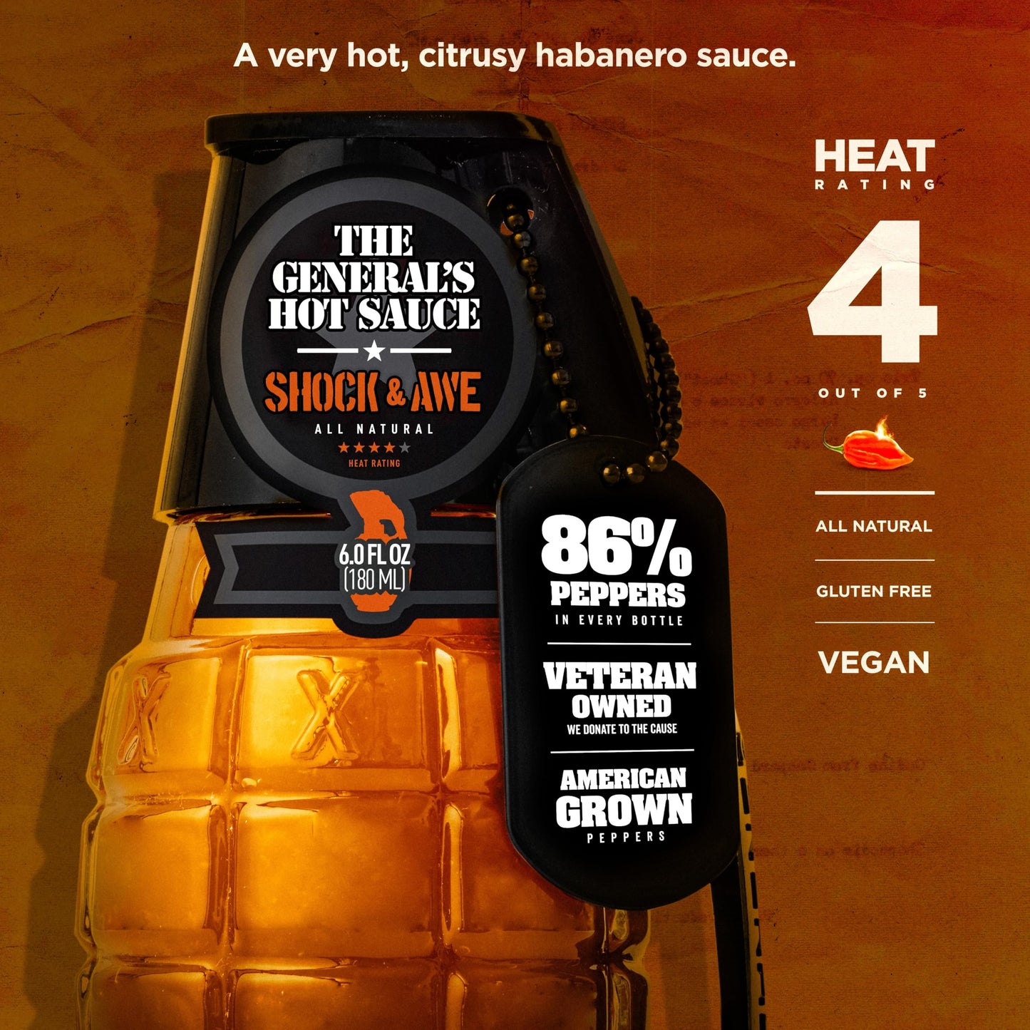 The General's Hot Sauce, Shock & Awe, 6 oz, Habanero Pepper, 4/5 Heat Rating, Small Batch, All Natural Spicy Sauce for Wings, Ribs, BBQ, Great Gift