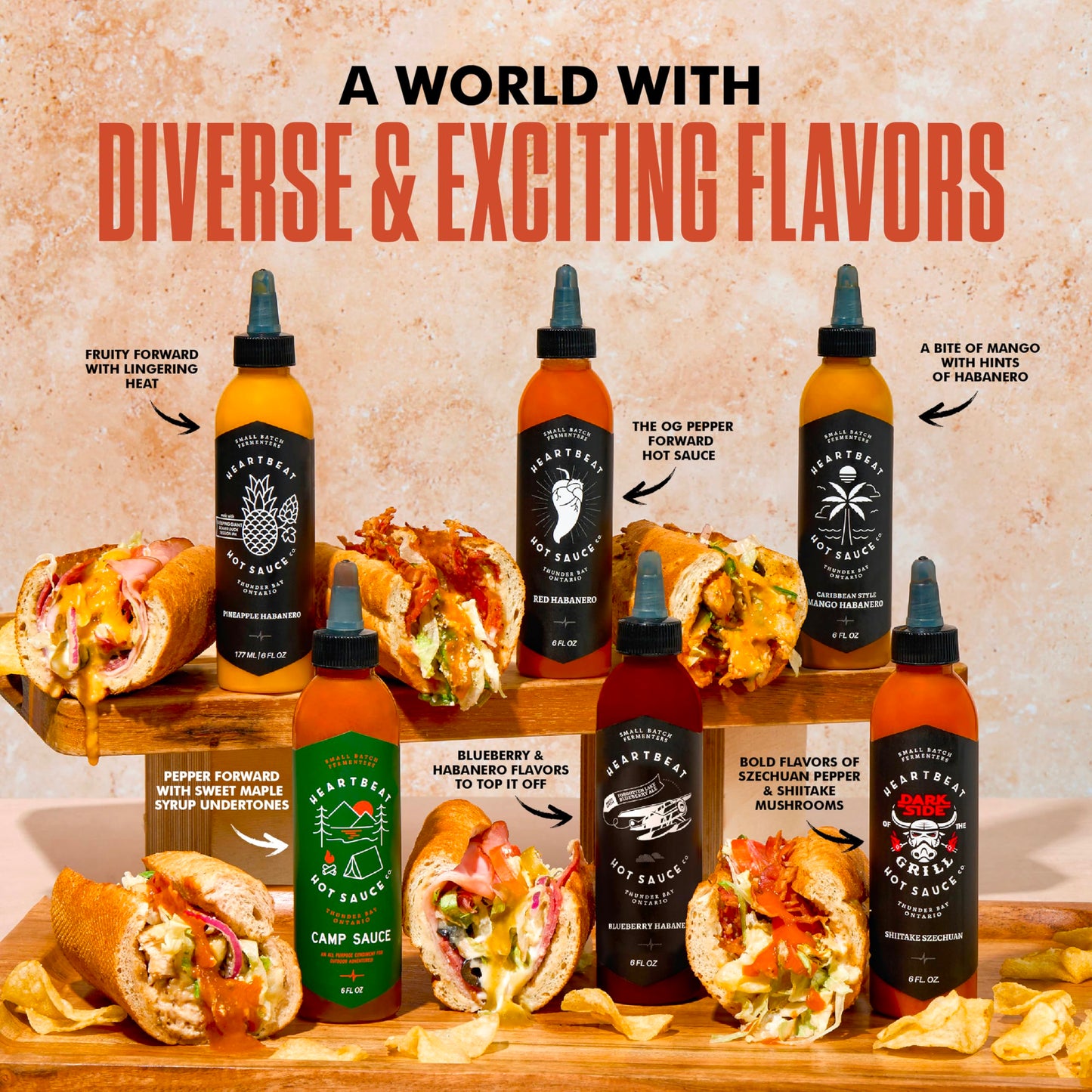 Heartbeat Hot Sauce Co. | Complete Variety Pack - Camp Sauce, Pineapple, Red & Mango Habanero, Blueberry Habanero, Shiitake Szechuan, 6 oz. 6 pack
